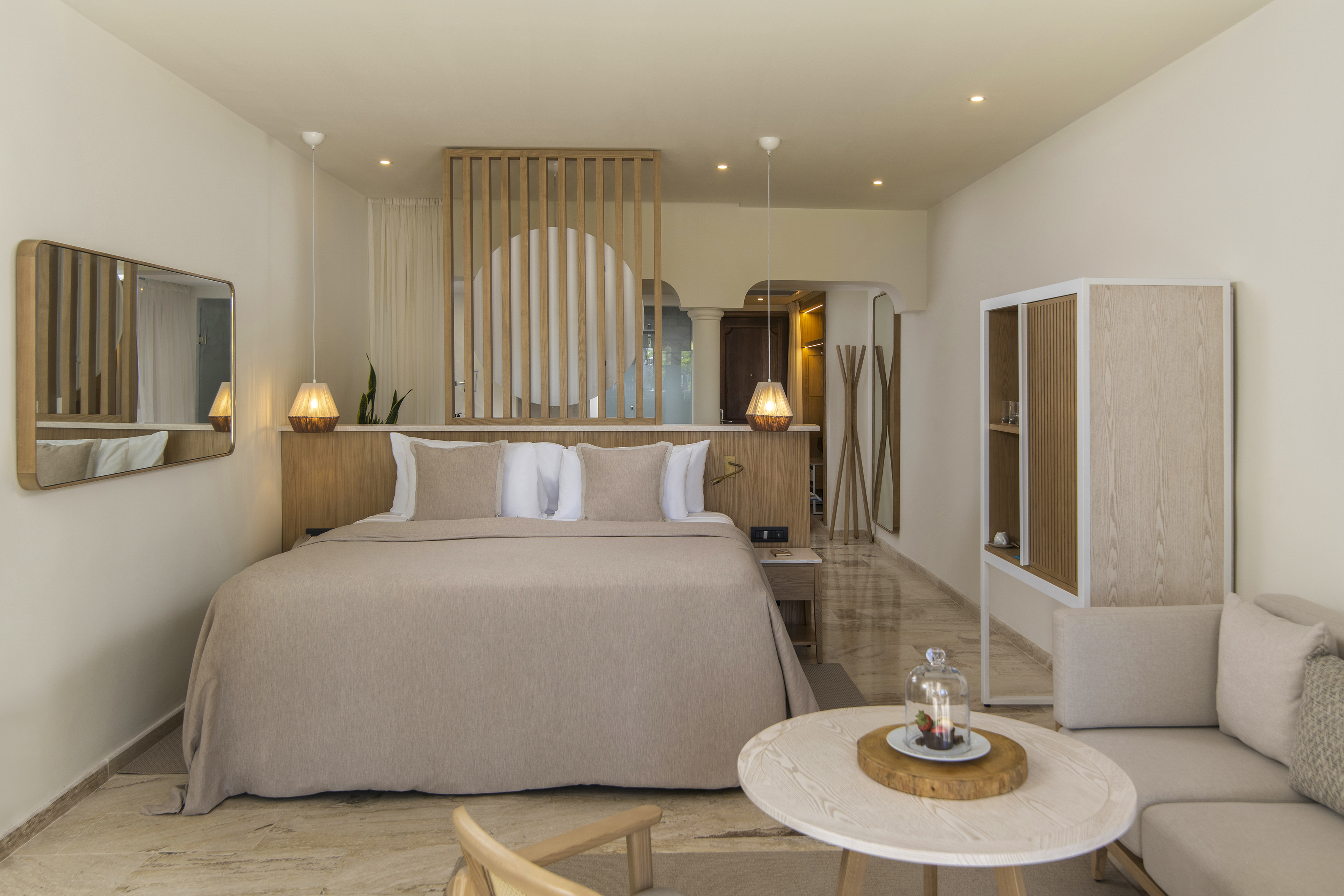 a room with a bed and a table