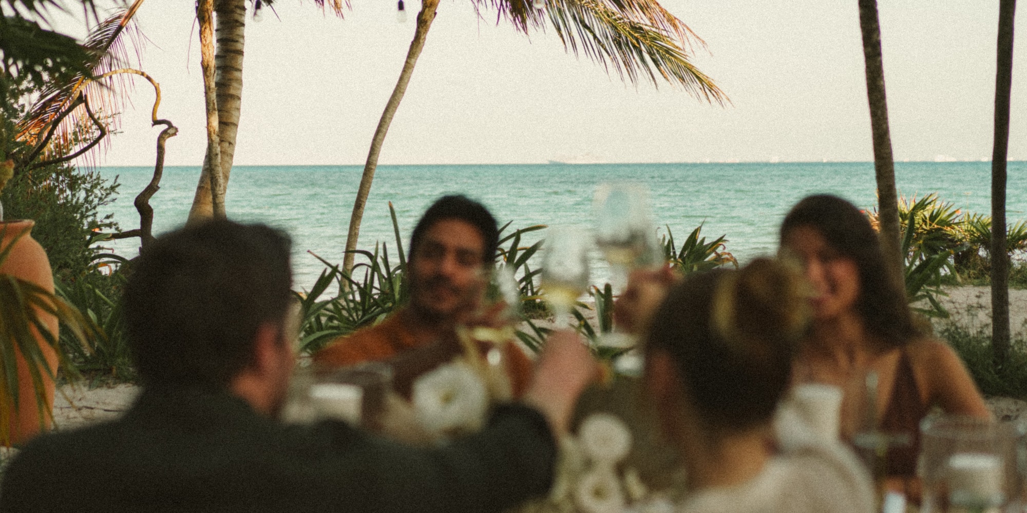 Friends toasting at a tropical beach dinner with ocean and palm trees.