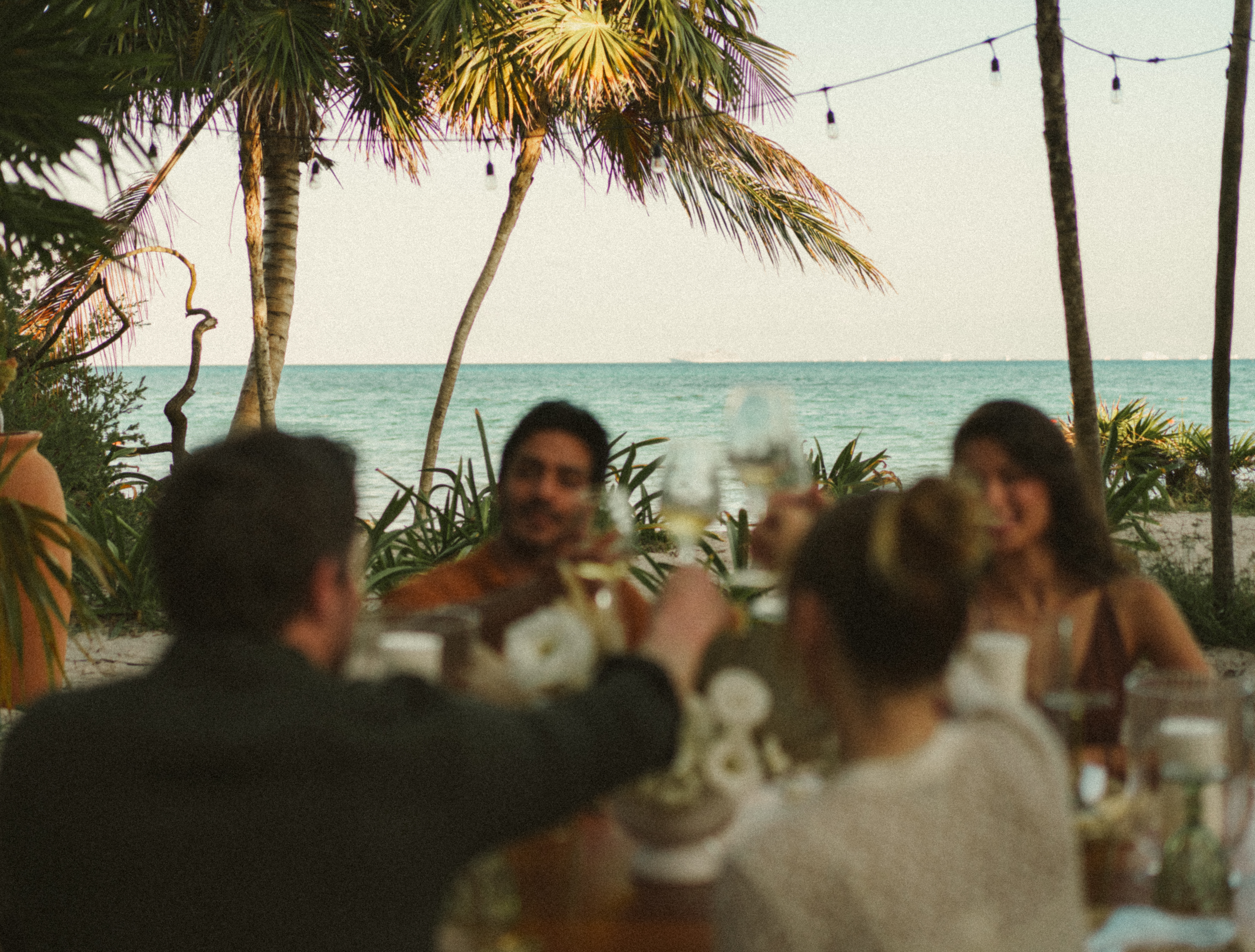 Friends toasting at a tropical beach dinner with ocean and palm trees.
