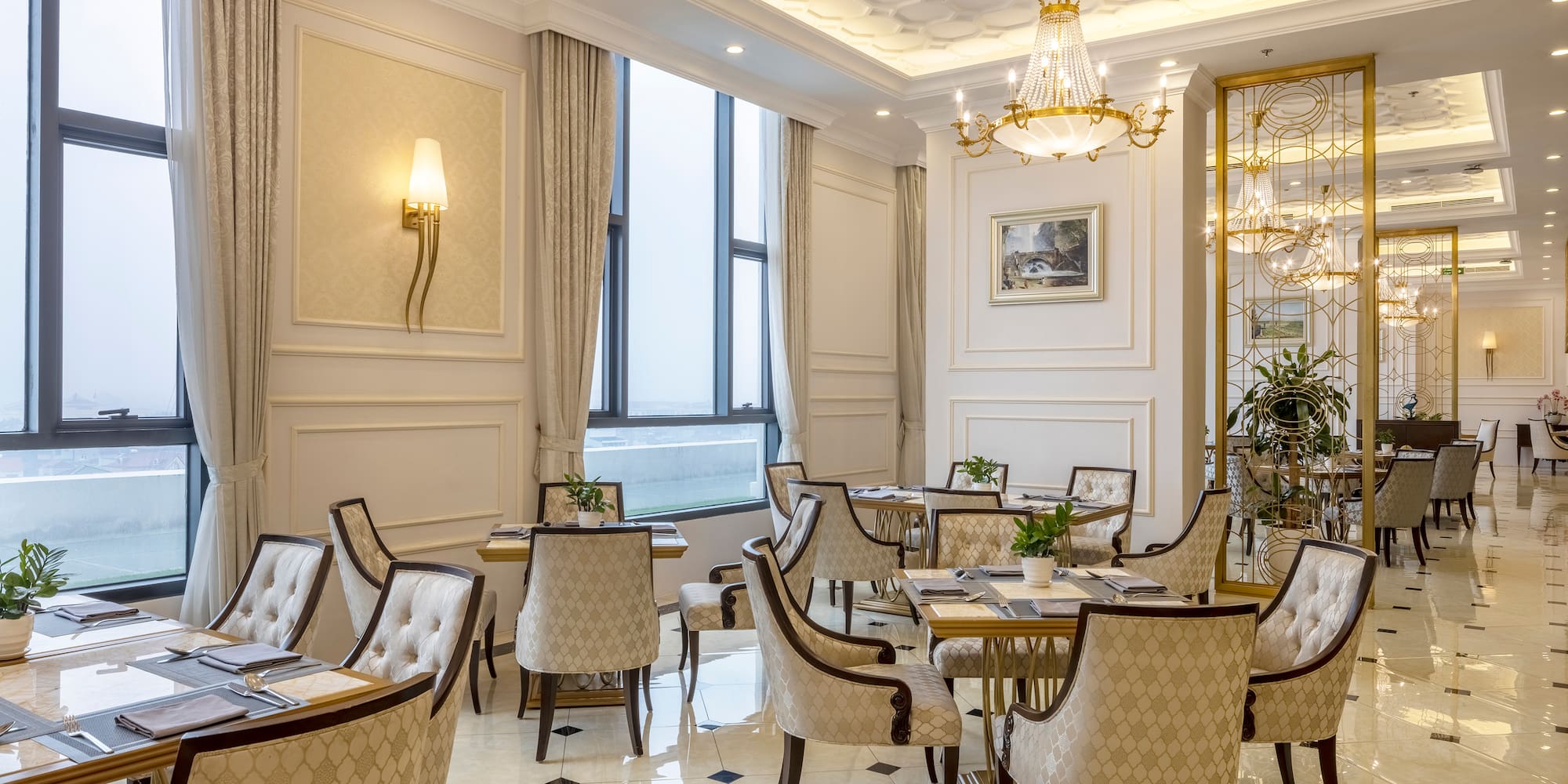 a room with tables and chairs