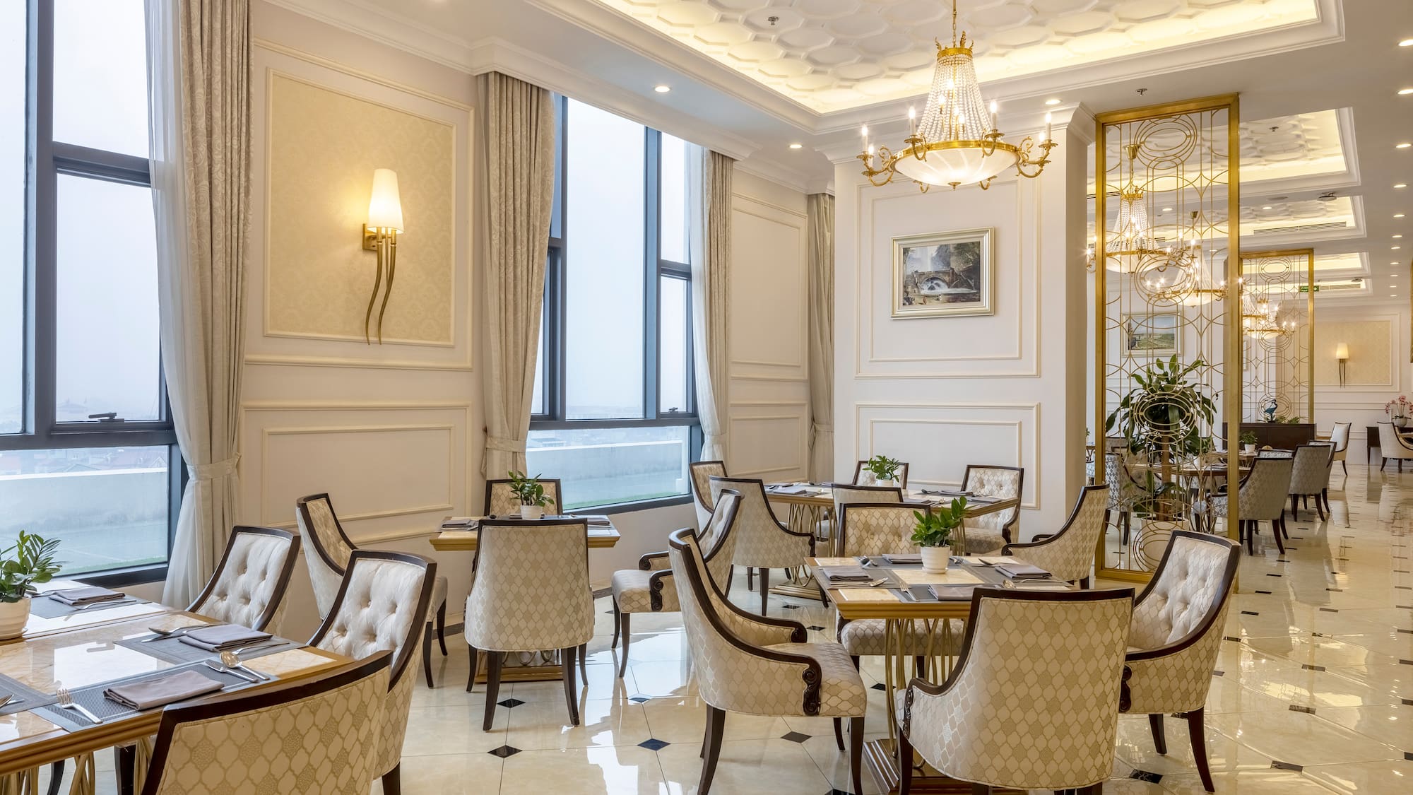 a room with tables and chairs