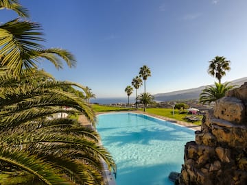 a pool with palm trees and a hill in the background