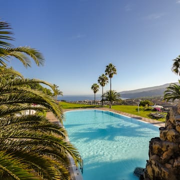 a pool with palm trees and a hill in the background