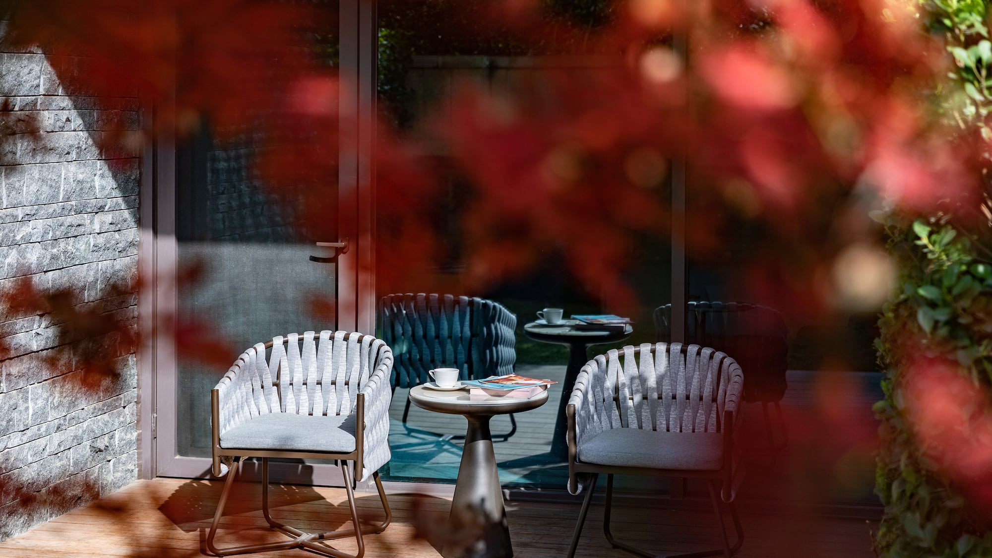 a table and chairs on a patio
