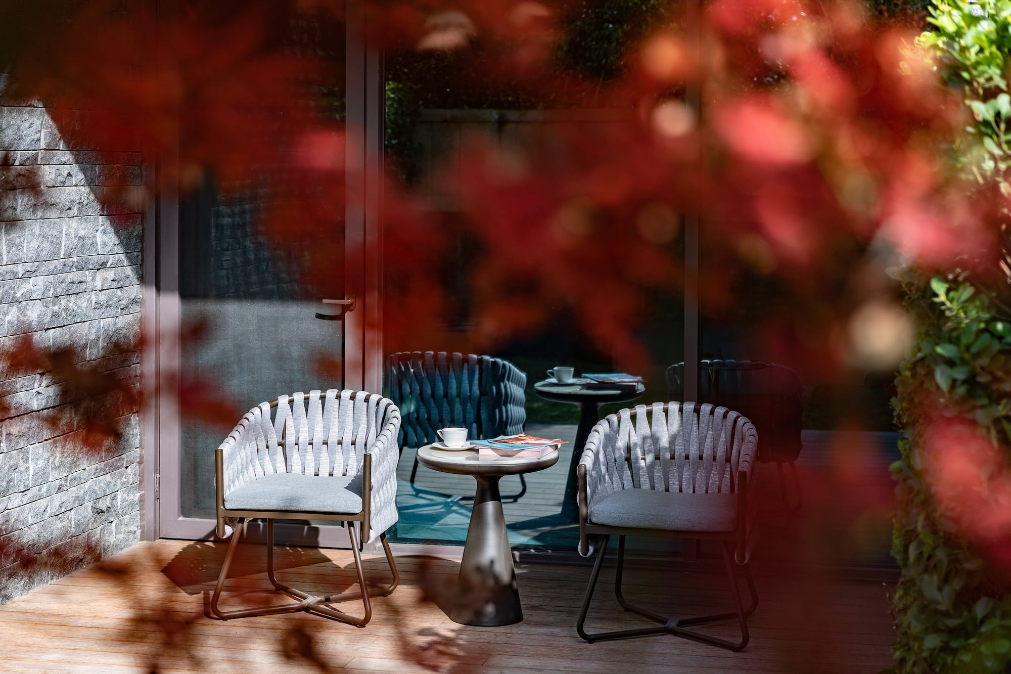 a table and chairs on a patio