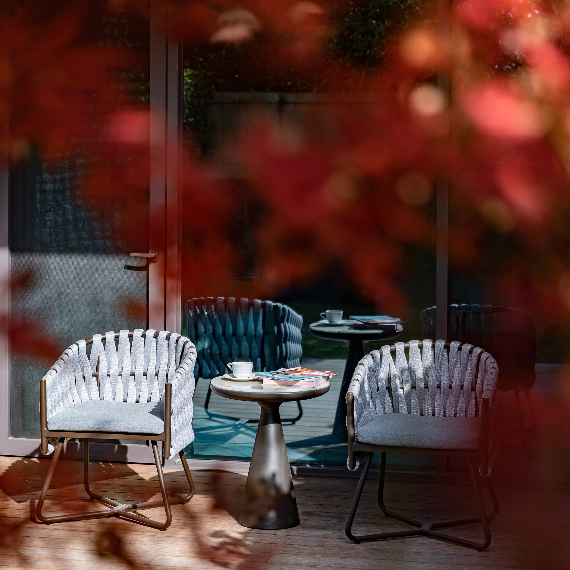 a table and chairs on a patio