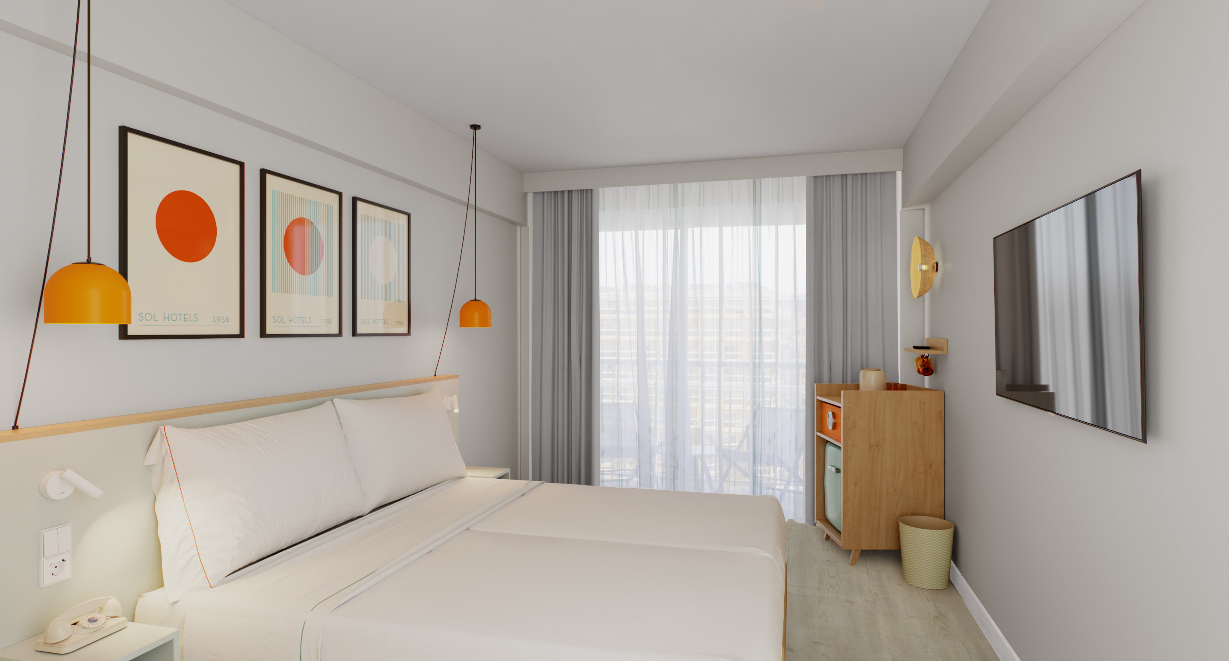 Stylish hotel room with minimalist design, orange lamps, Sol Hotels artwork, and large window.