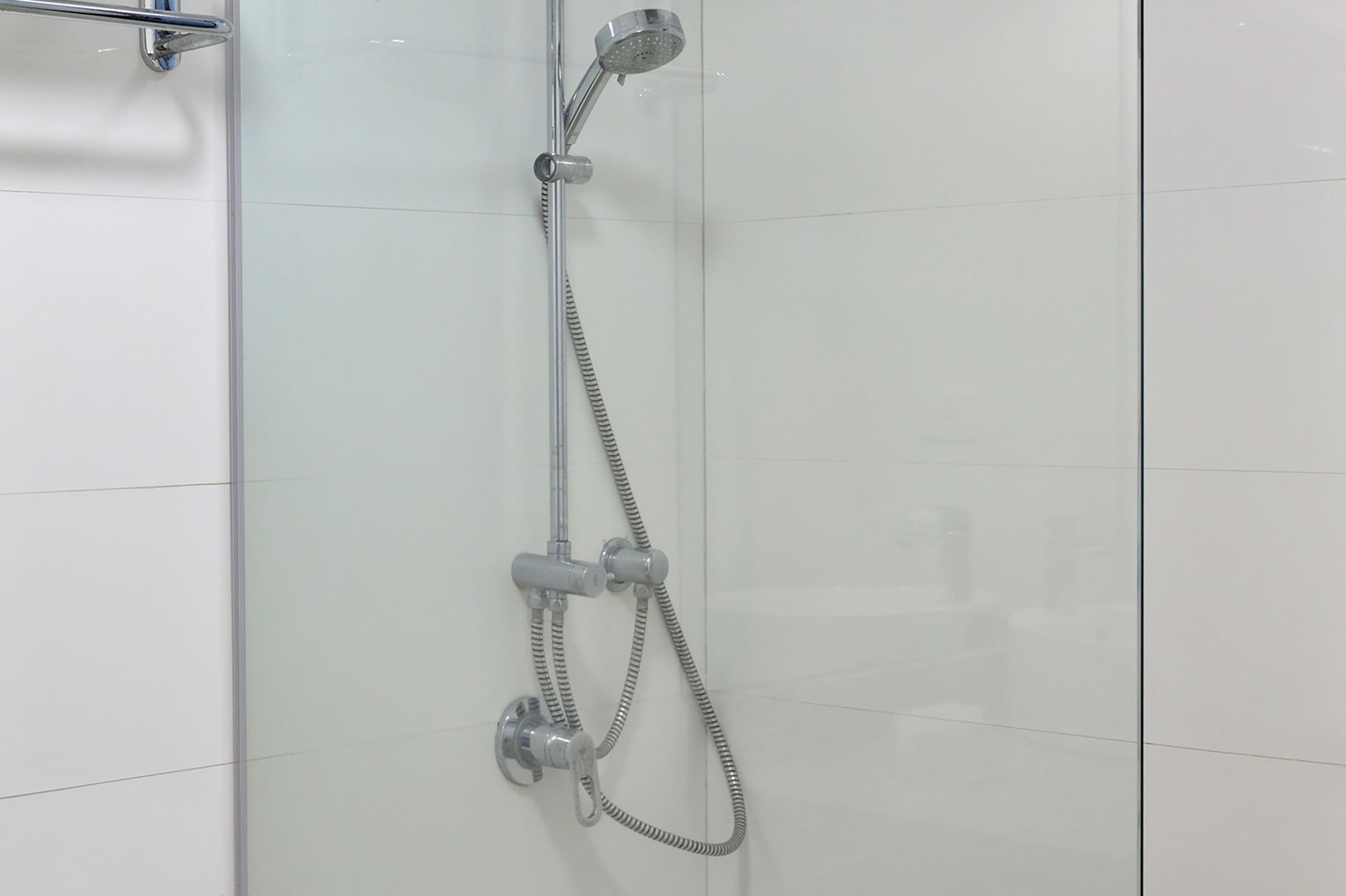 a shower with a glass door
