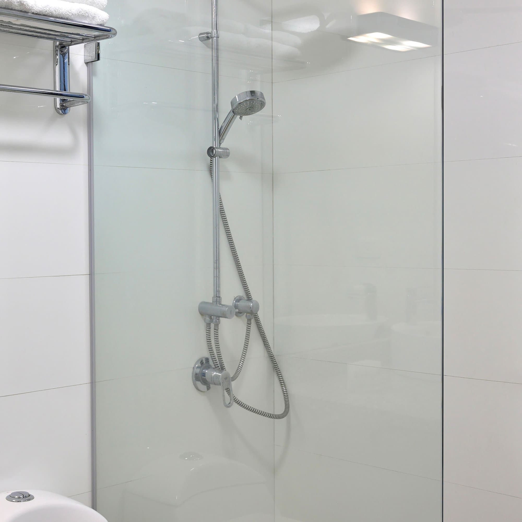 a shower with a glass door