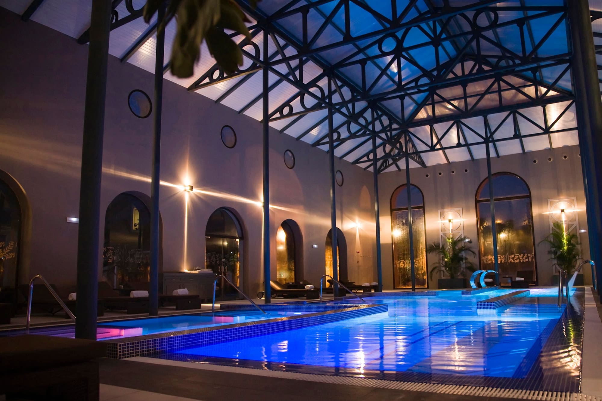 a swimming pool inside a building