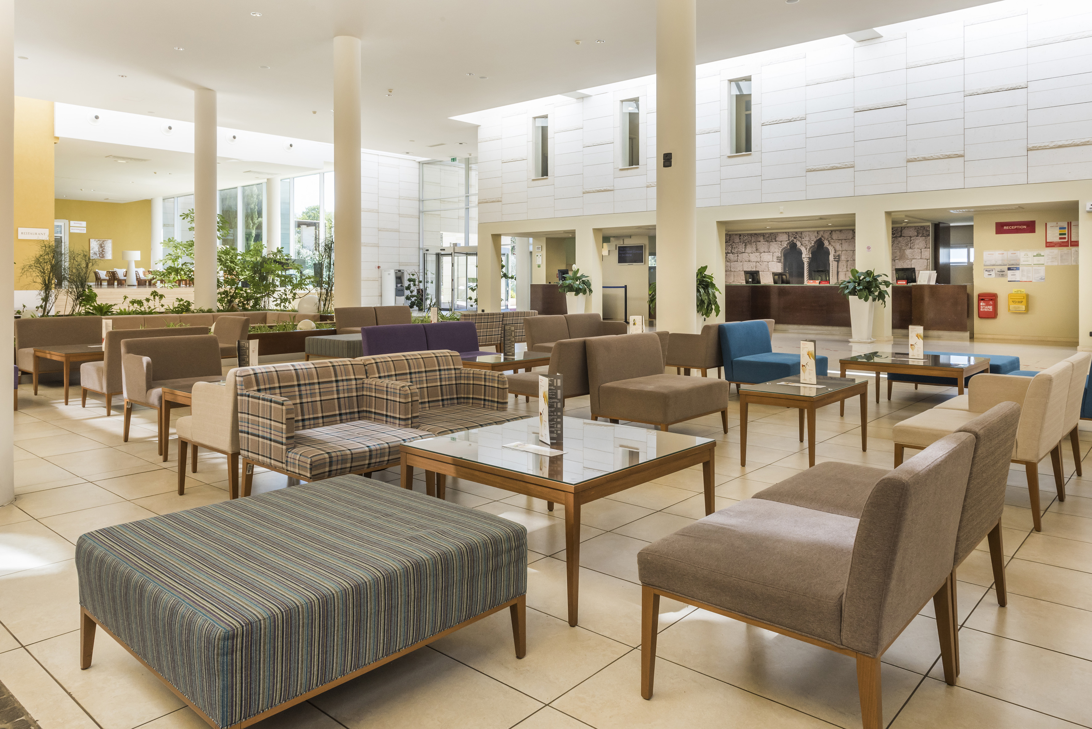 a room with couches and tables