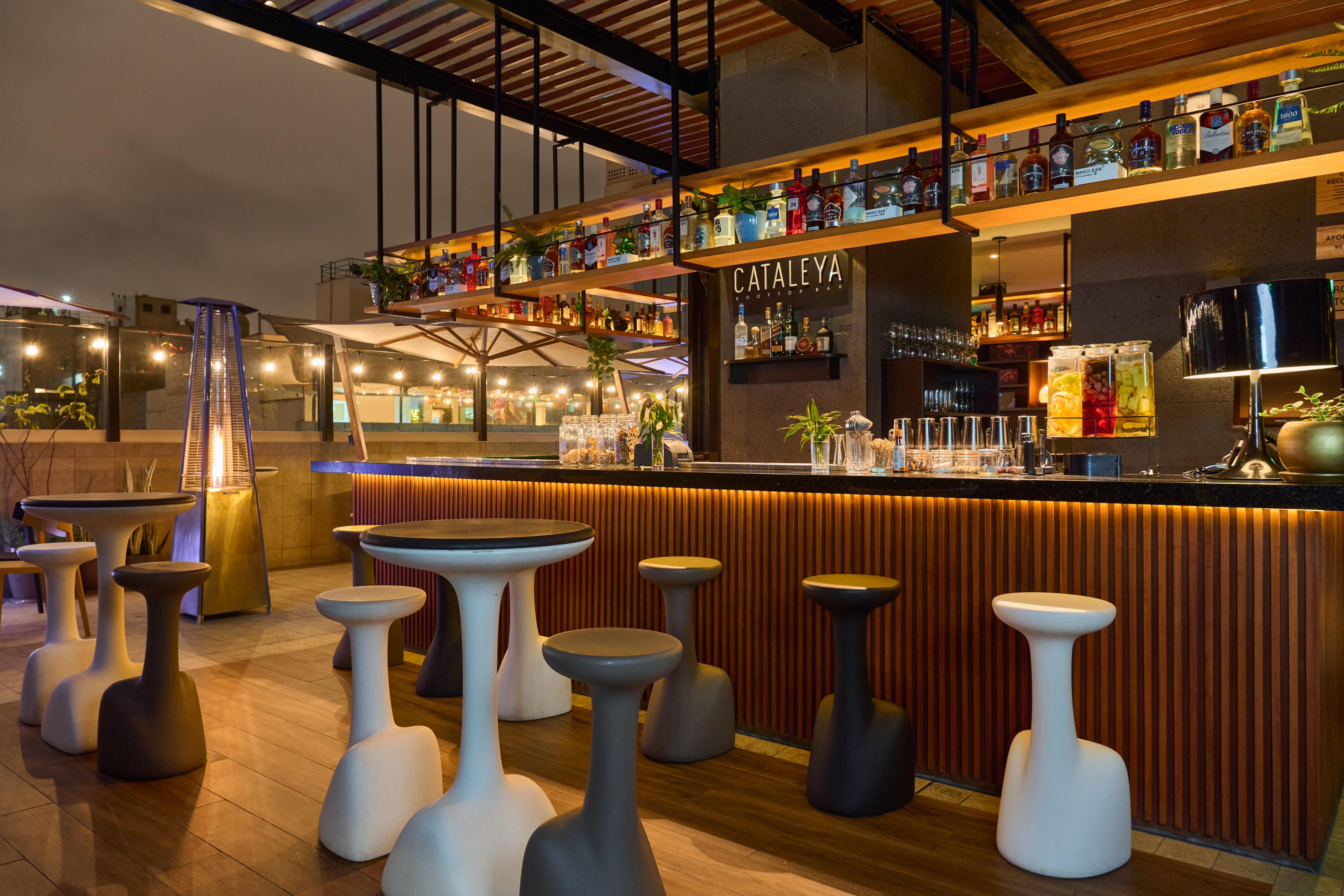 Cataleya rooftop bar at night with illuminated counter, modern stools, and liquor bottles.