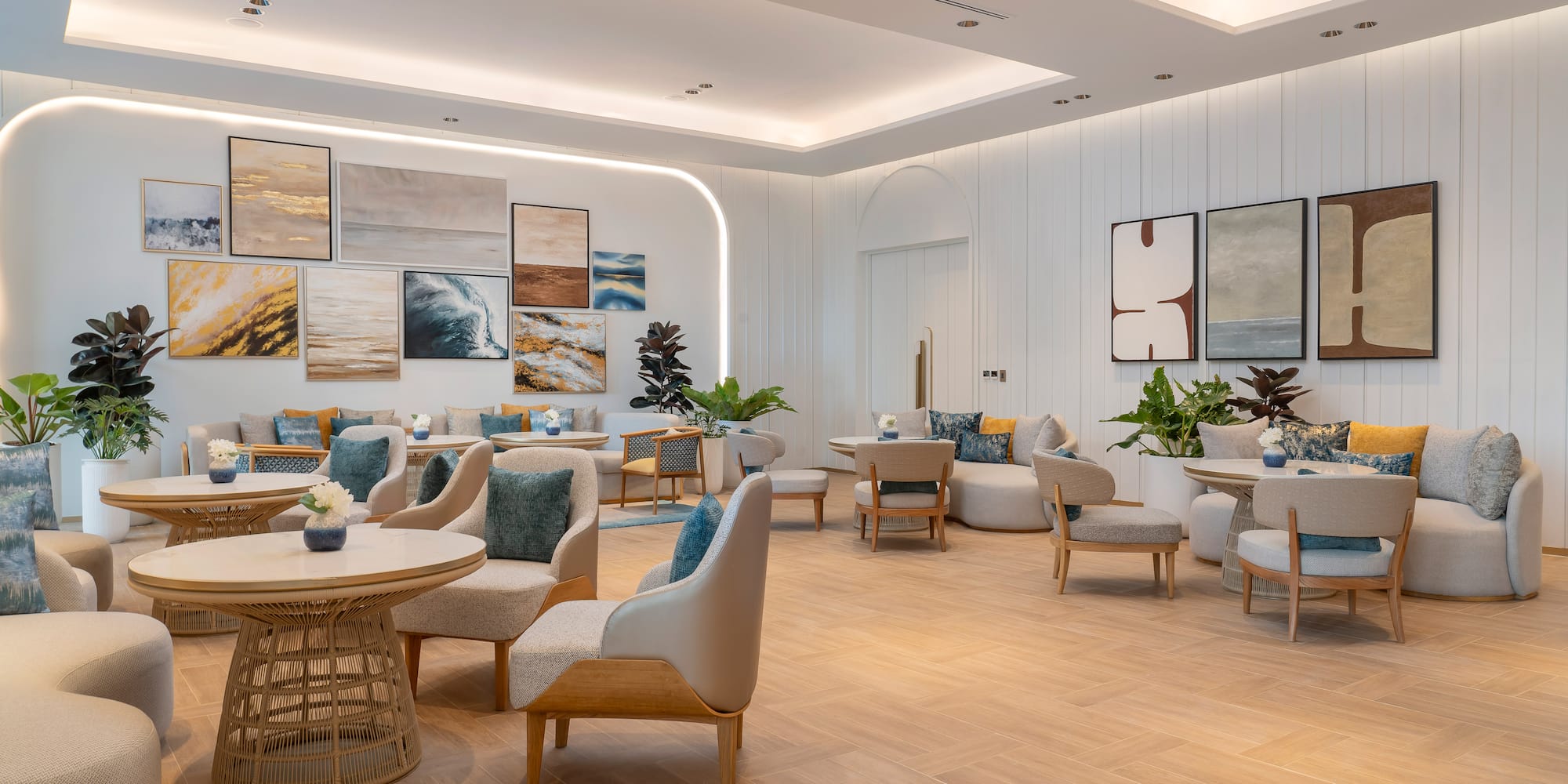 a room with tables and chairs