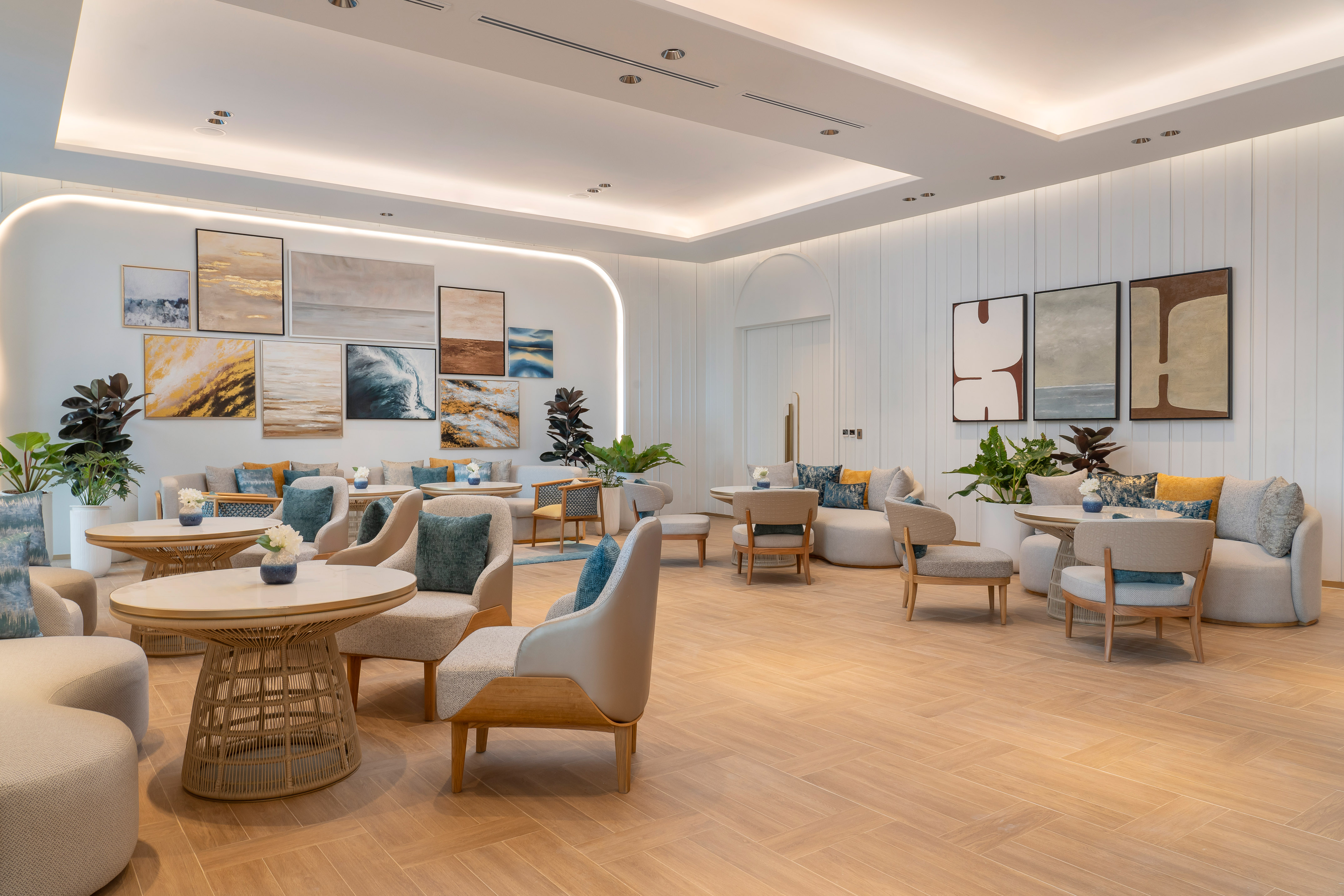 a room with tables and chairs