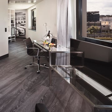 a room with a desk and chair