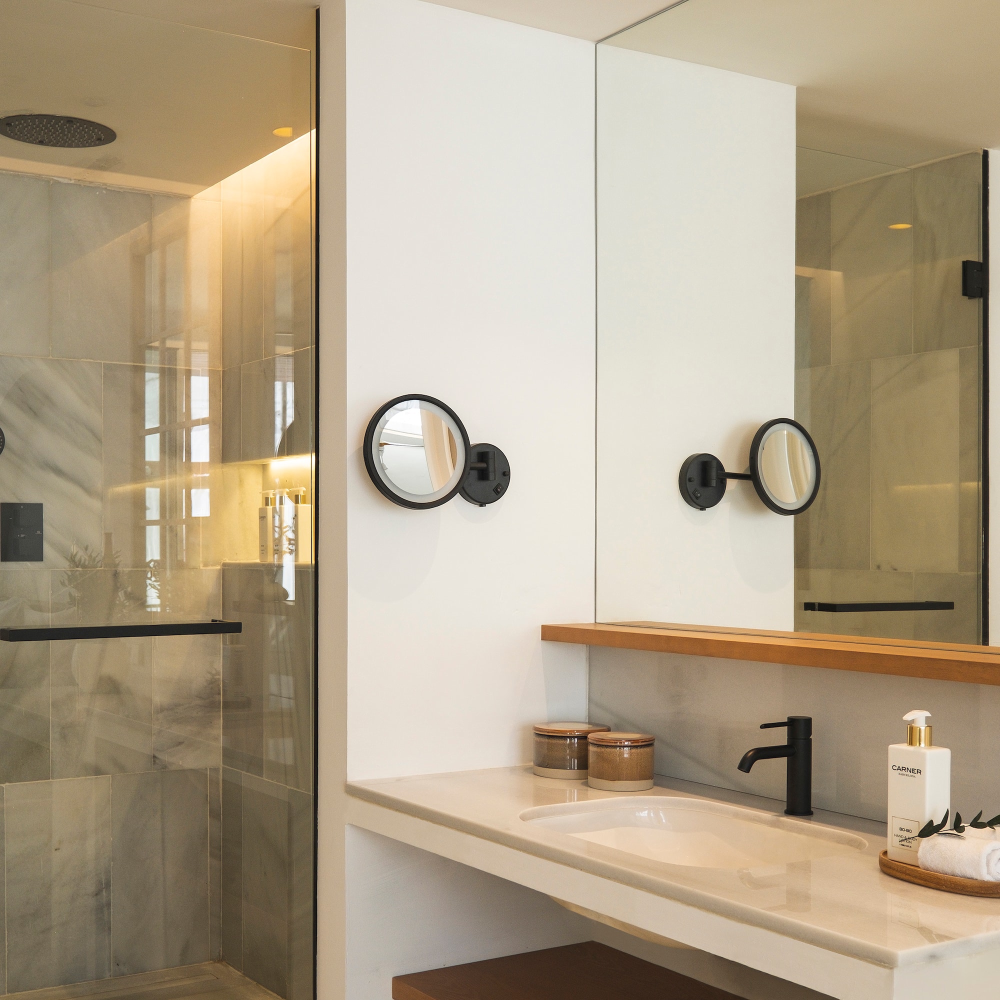 a bathroom with a shower and sink