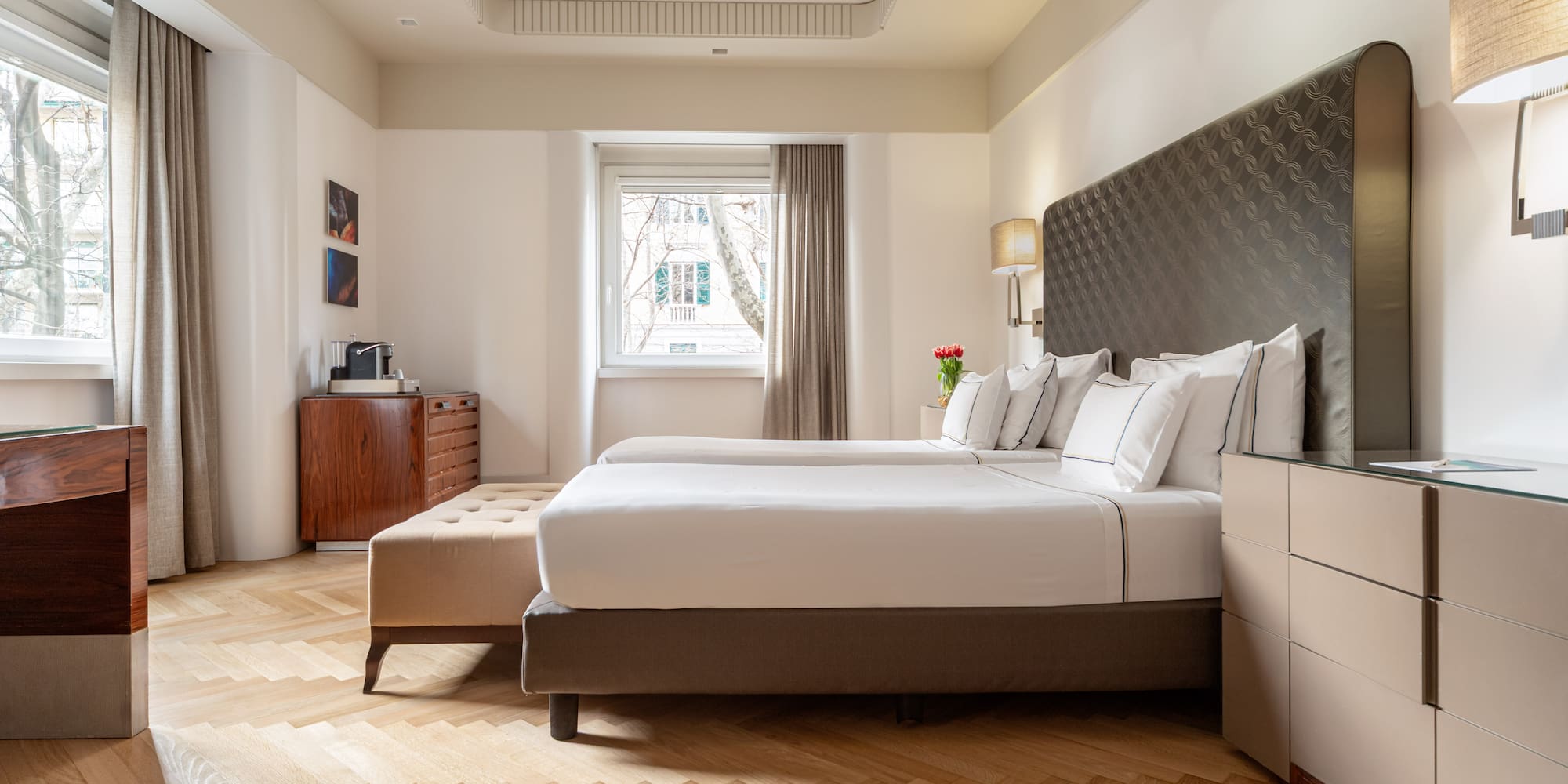 a room with a bed and a table