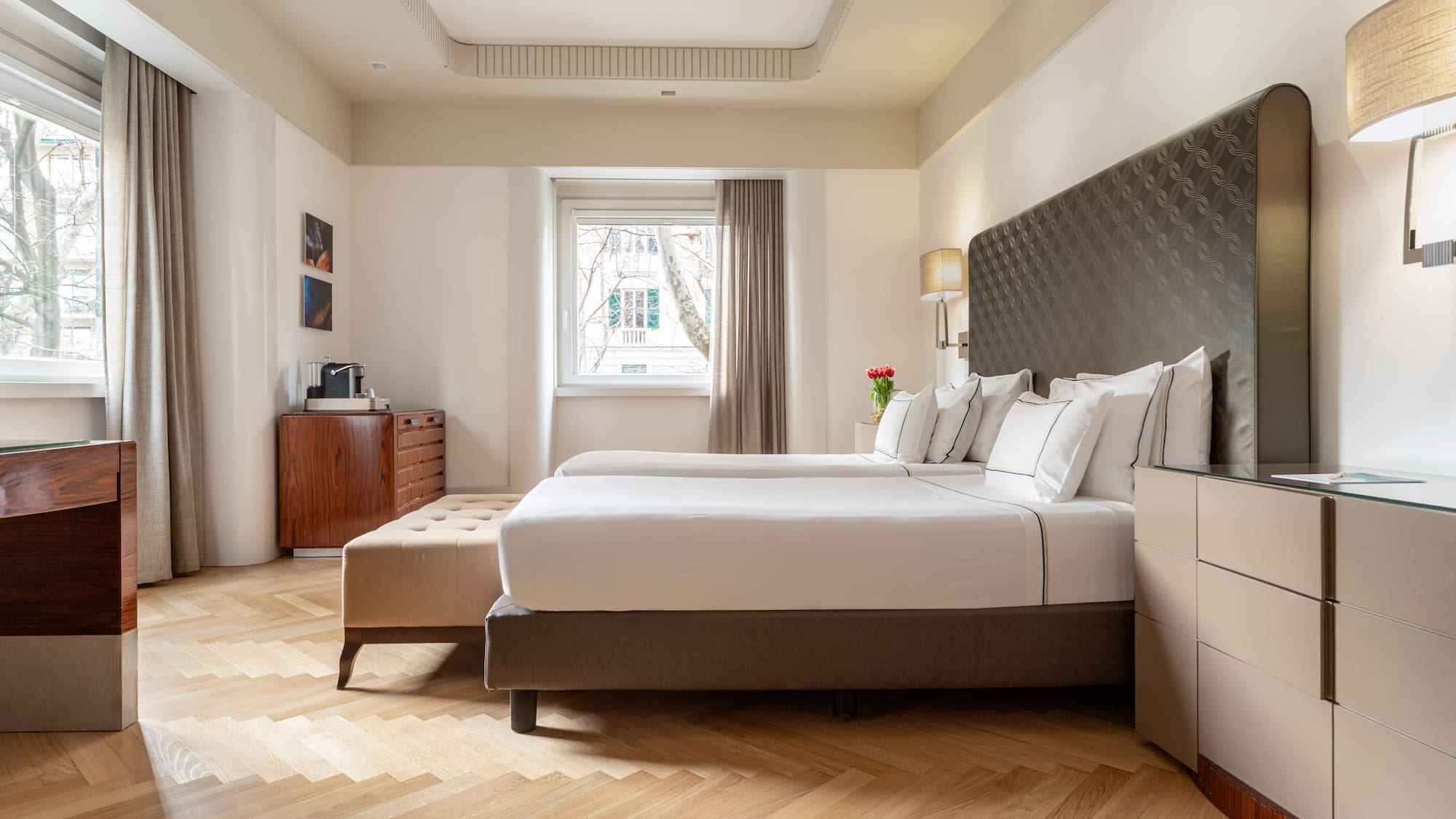 a room with a bed and a table