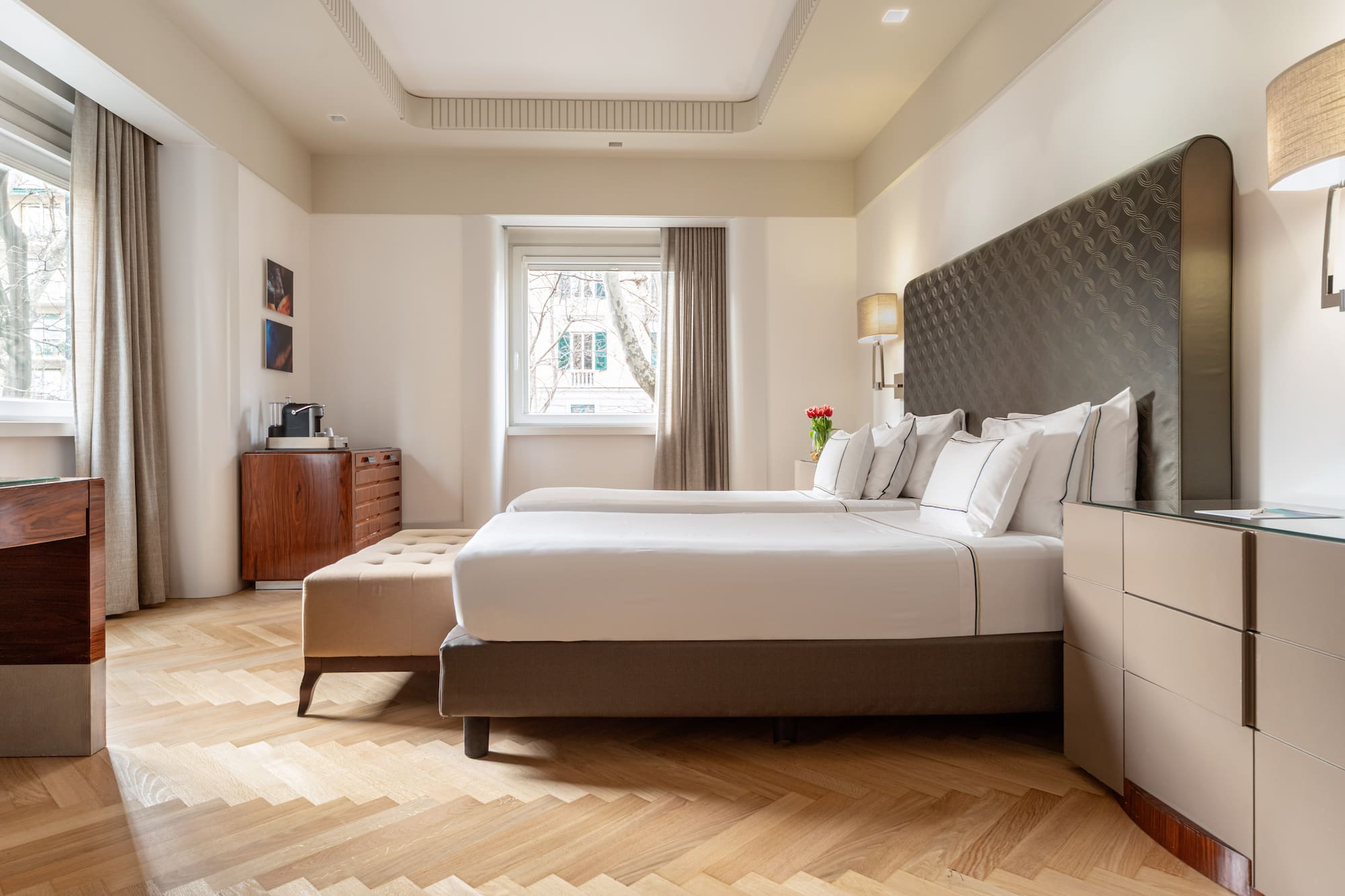 a room with a bed and a table