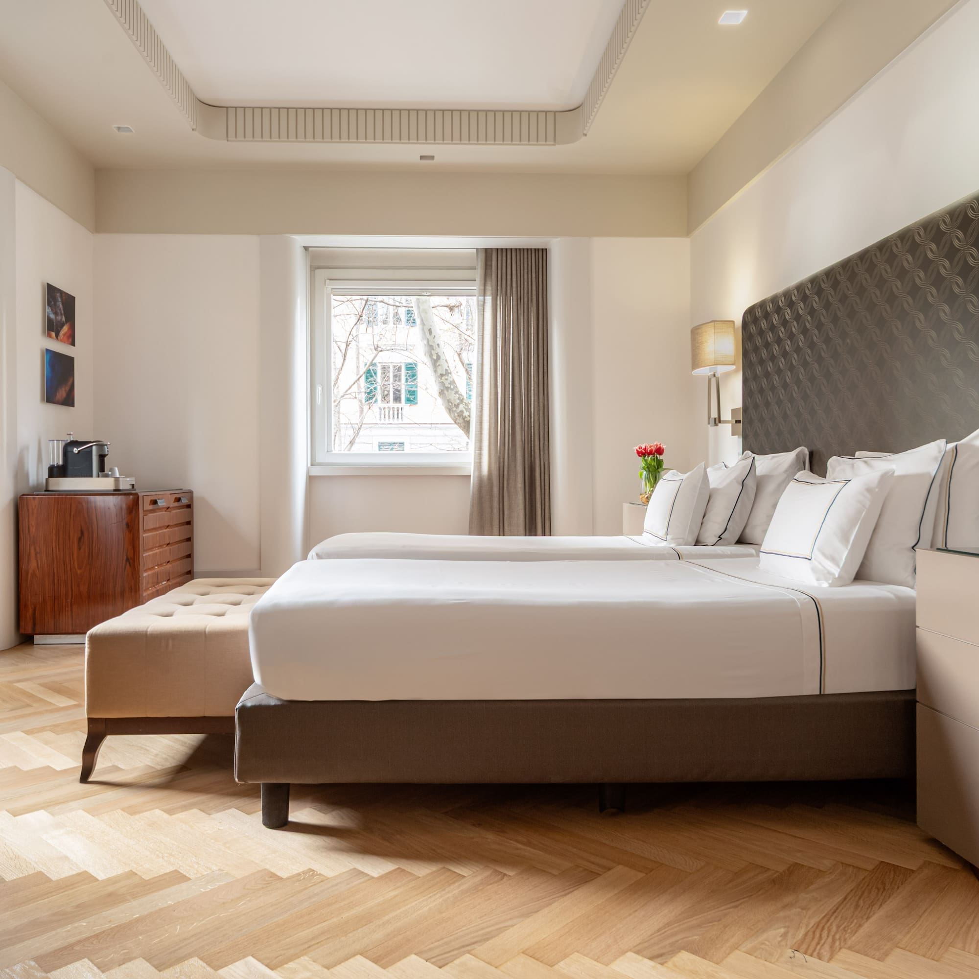 a room with a bed and a table