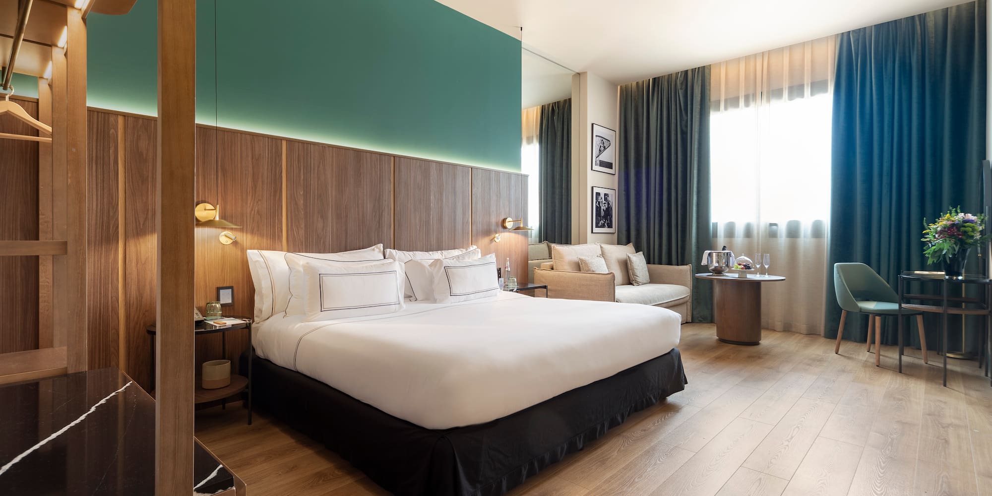 a room with a bed and a table