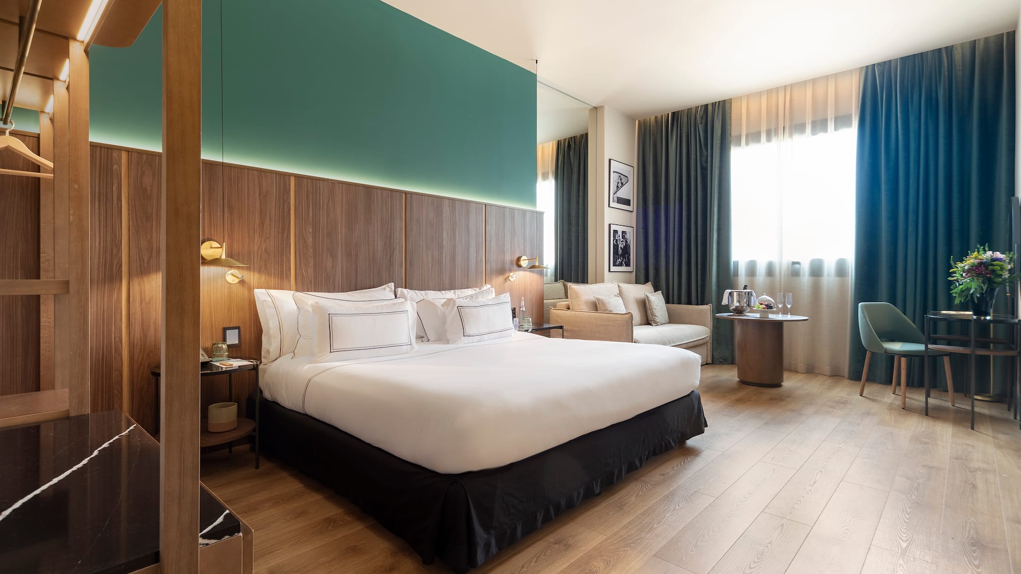 a room with a bed and a table