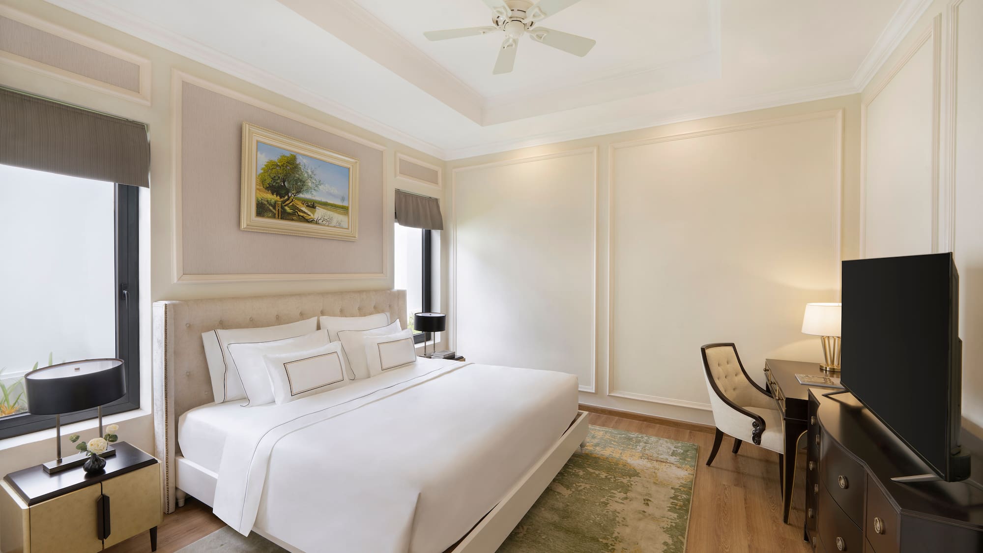 a room with a bed and desk