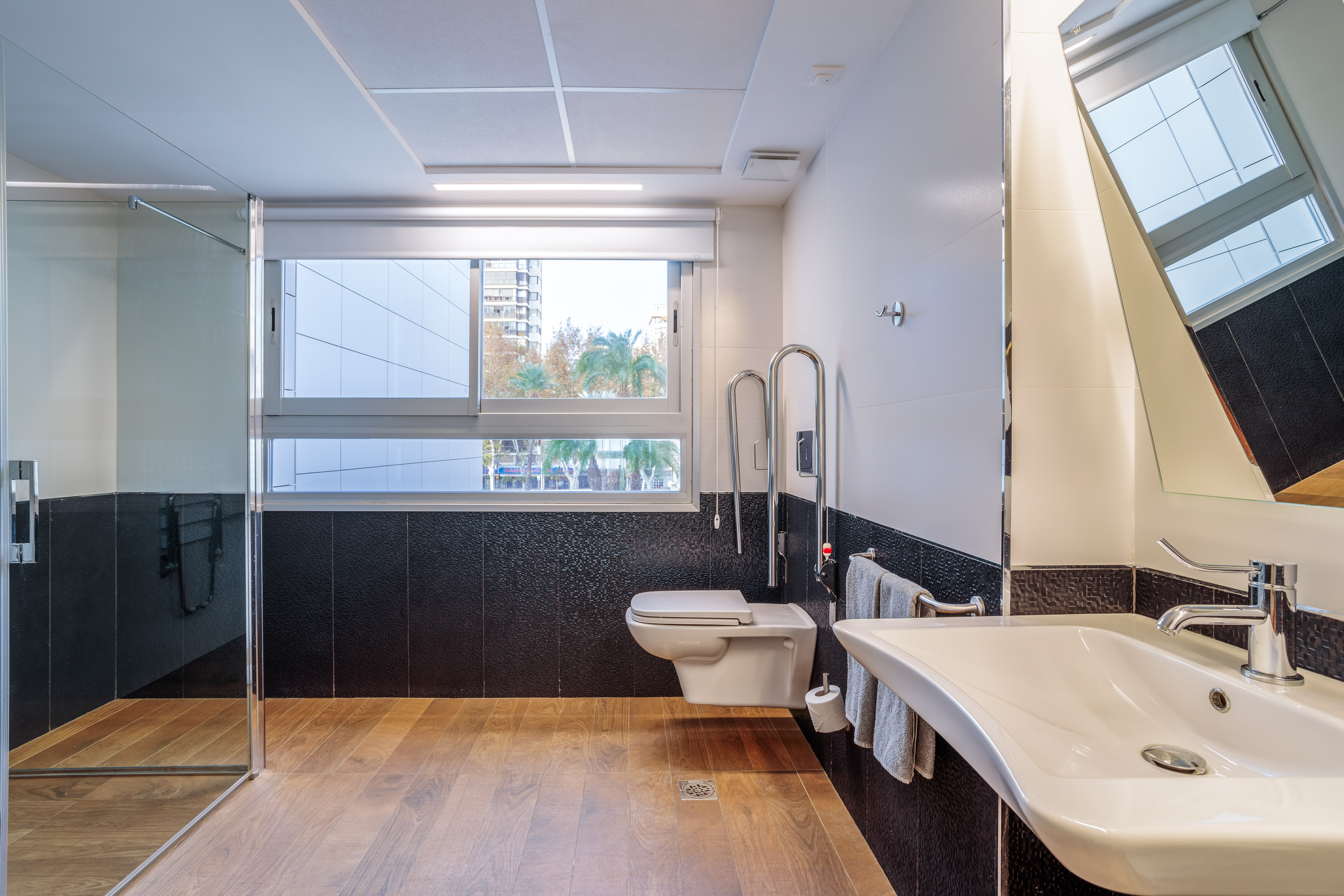 Modern accessible bathroom with shower, toilet, grab bars, sink, and wood floor.