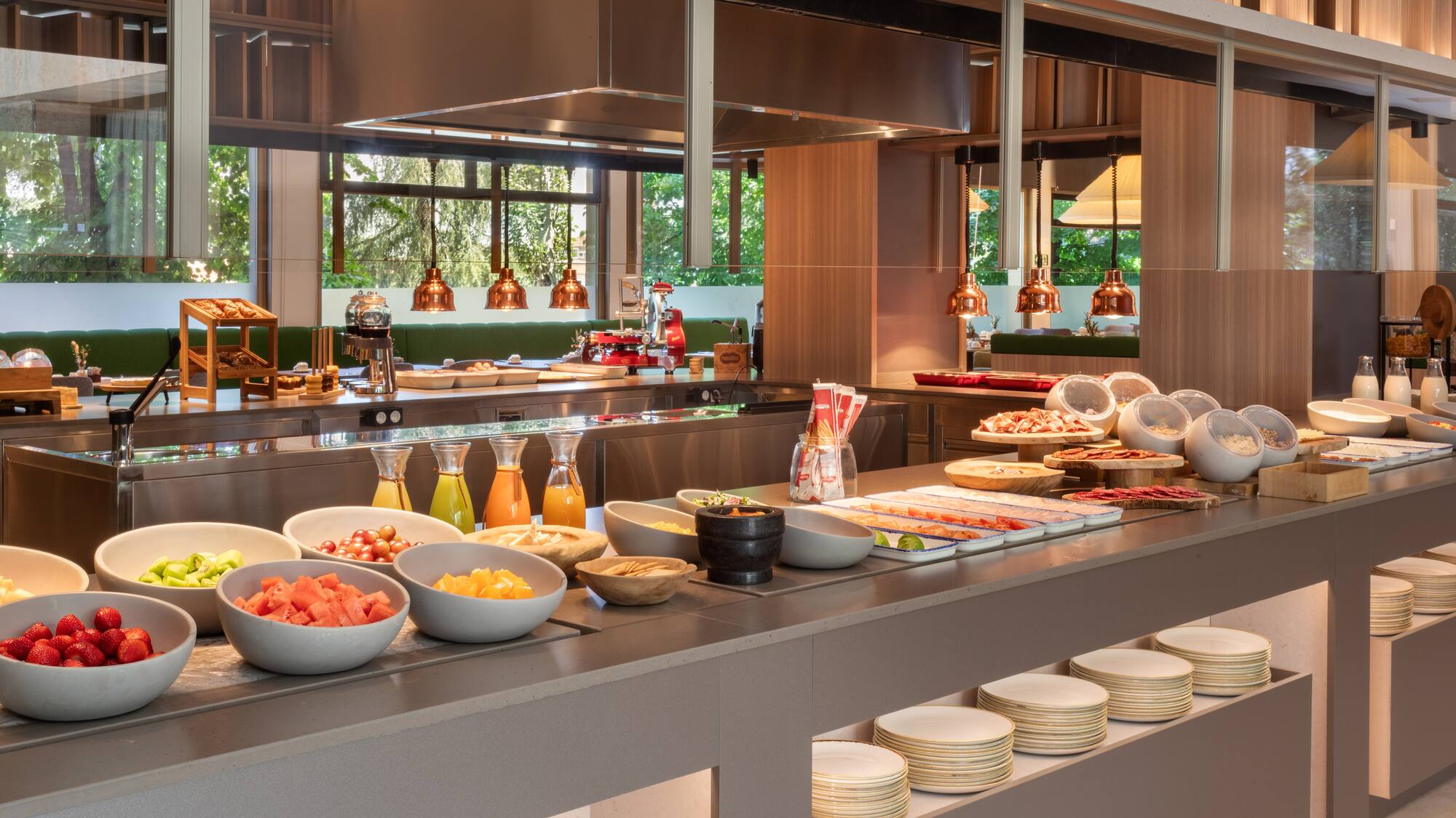 a buffet with food on the counter