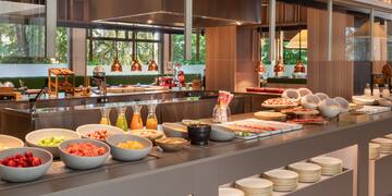 a buffet with food on the counter