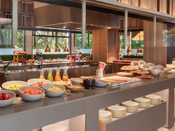 a buffet with food on the counter