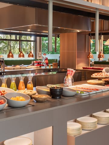 a buffet with food on the counter