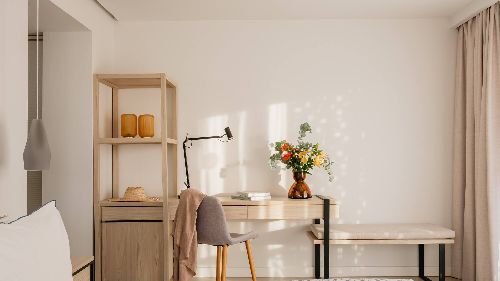 a room with a desk and a chair