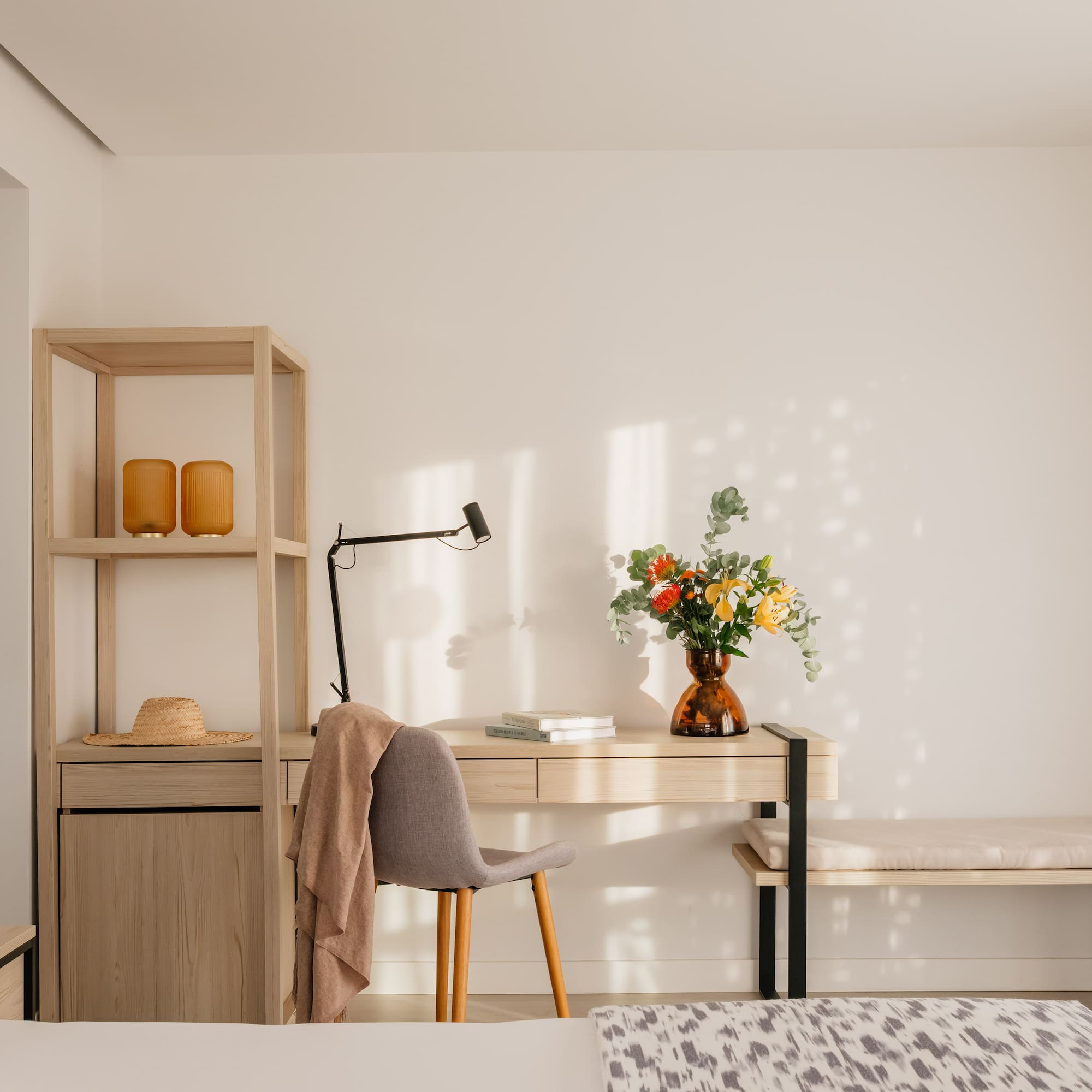 a room with a desk and a chair