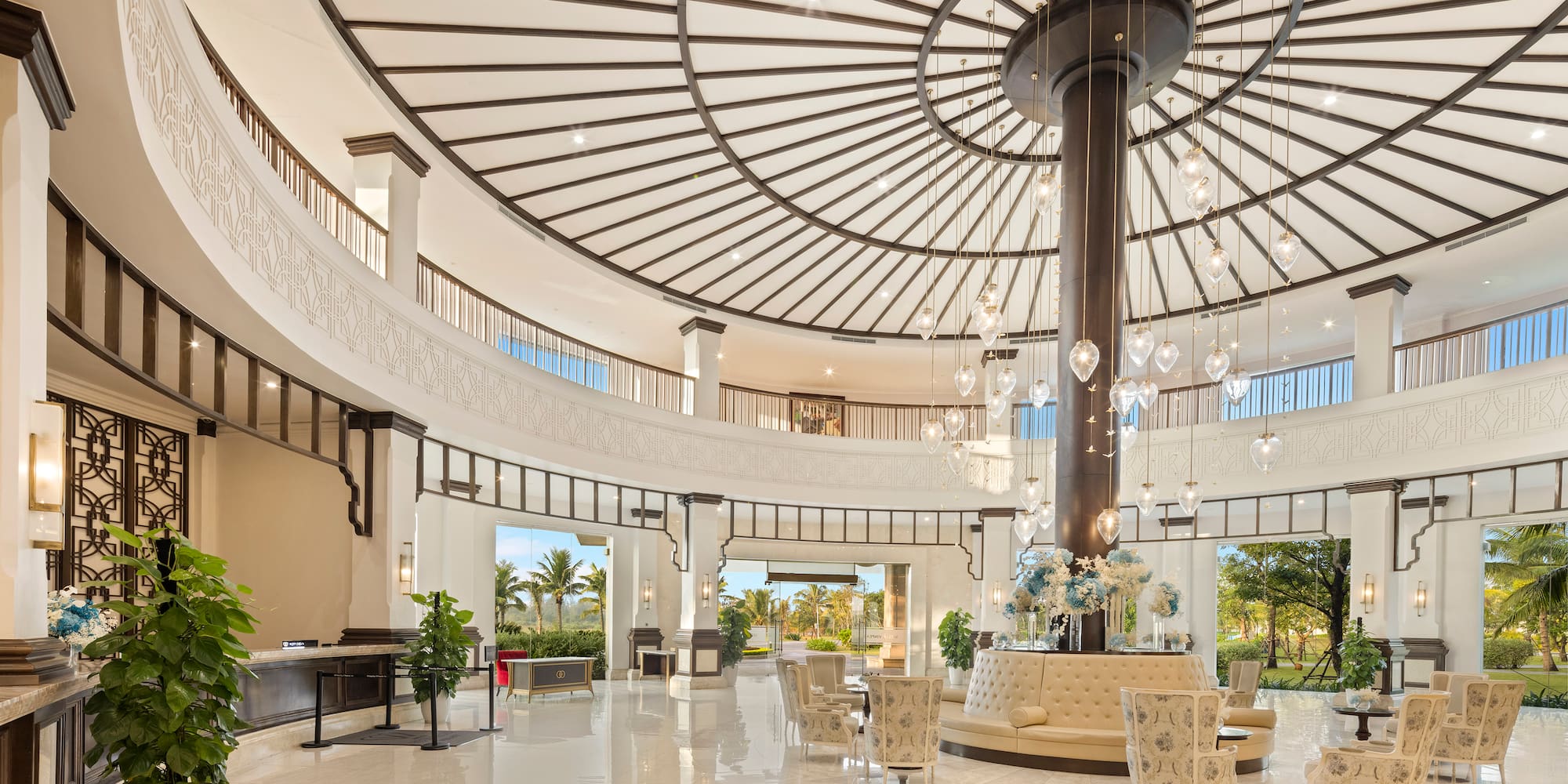 a large room with a large chandelier and a large round ceiling