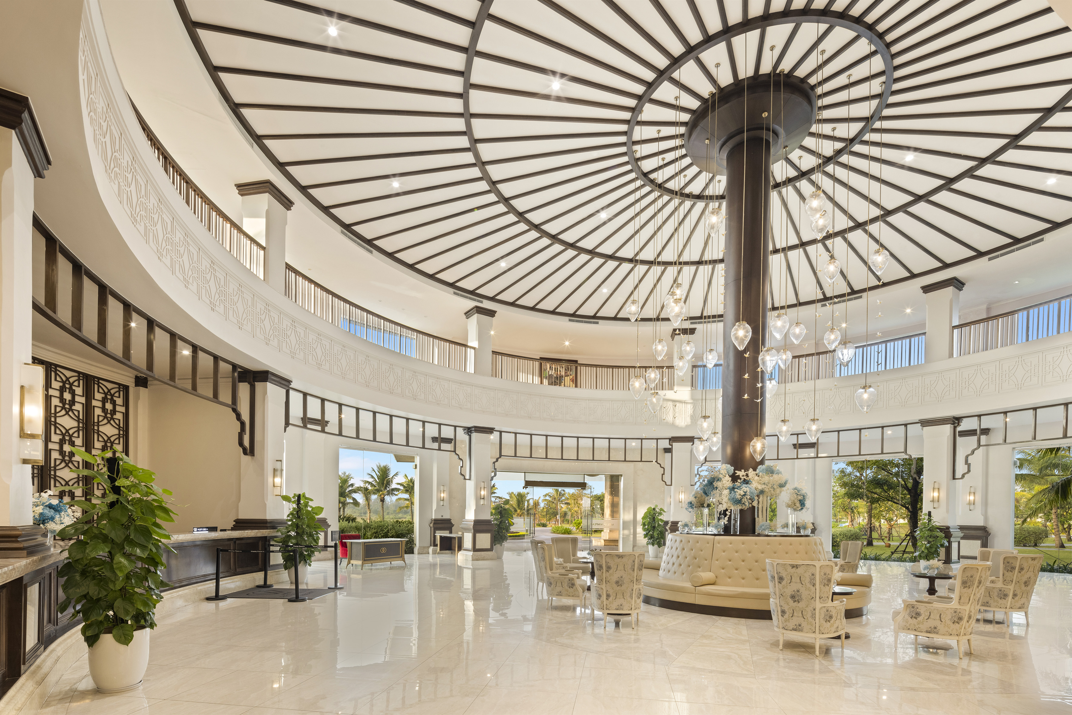 a large room with a large chandelier and a large round ceiling