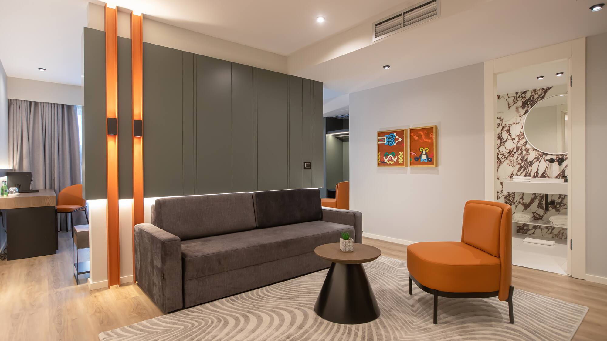 a living room with a couch and a table