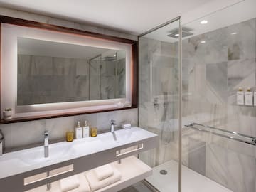 a bathroom with a mirror and a shower