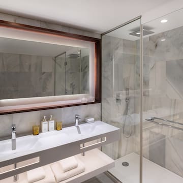 a bathroom with a mirror and a shower