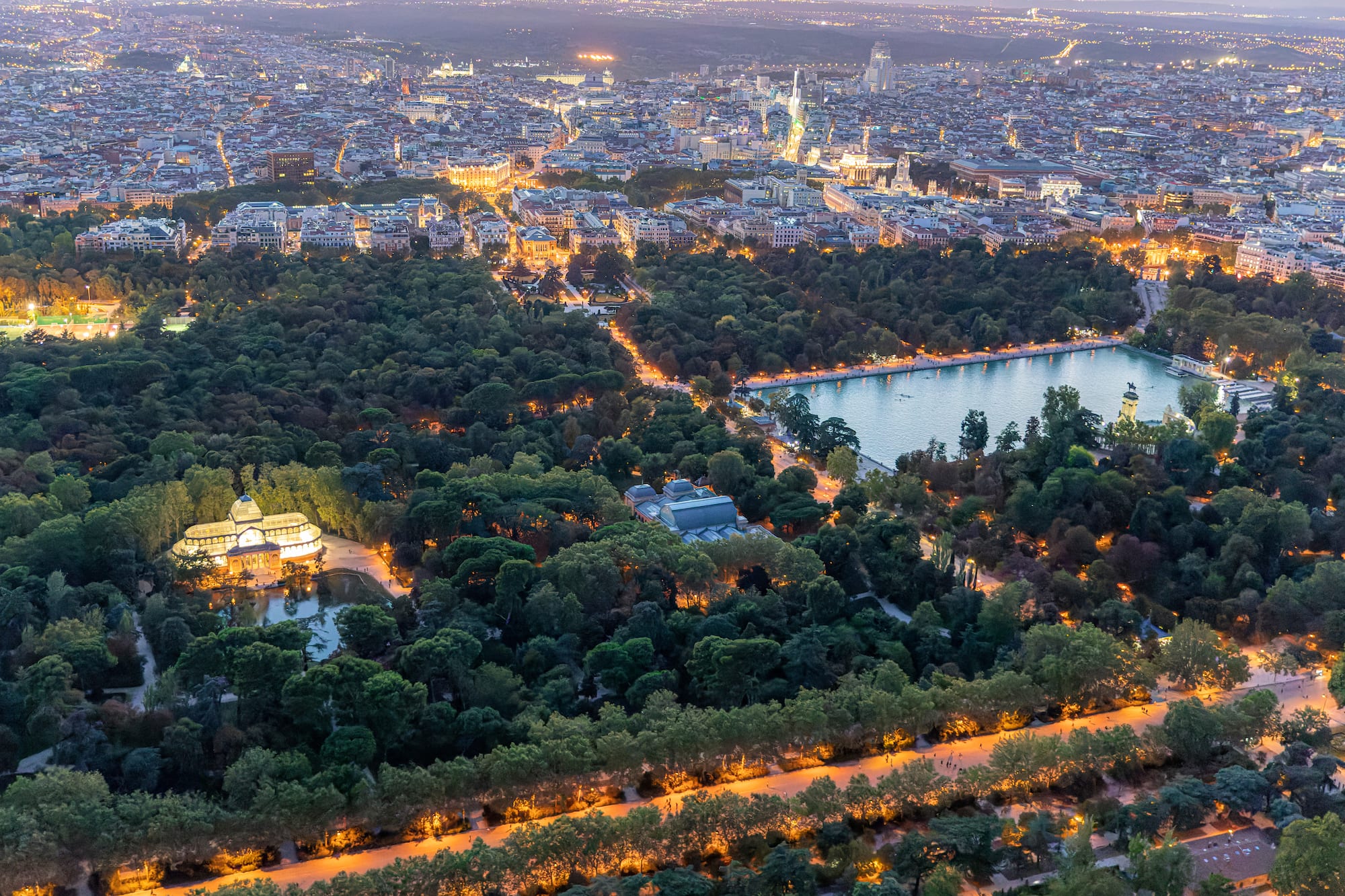 a city with trees and a lake