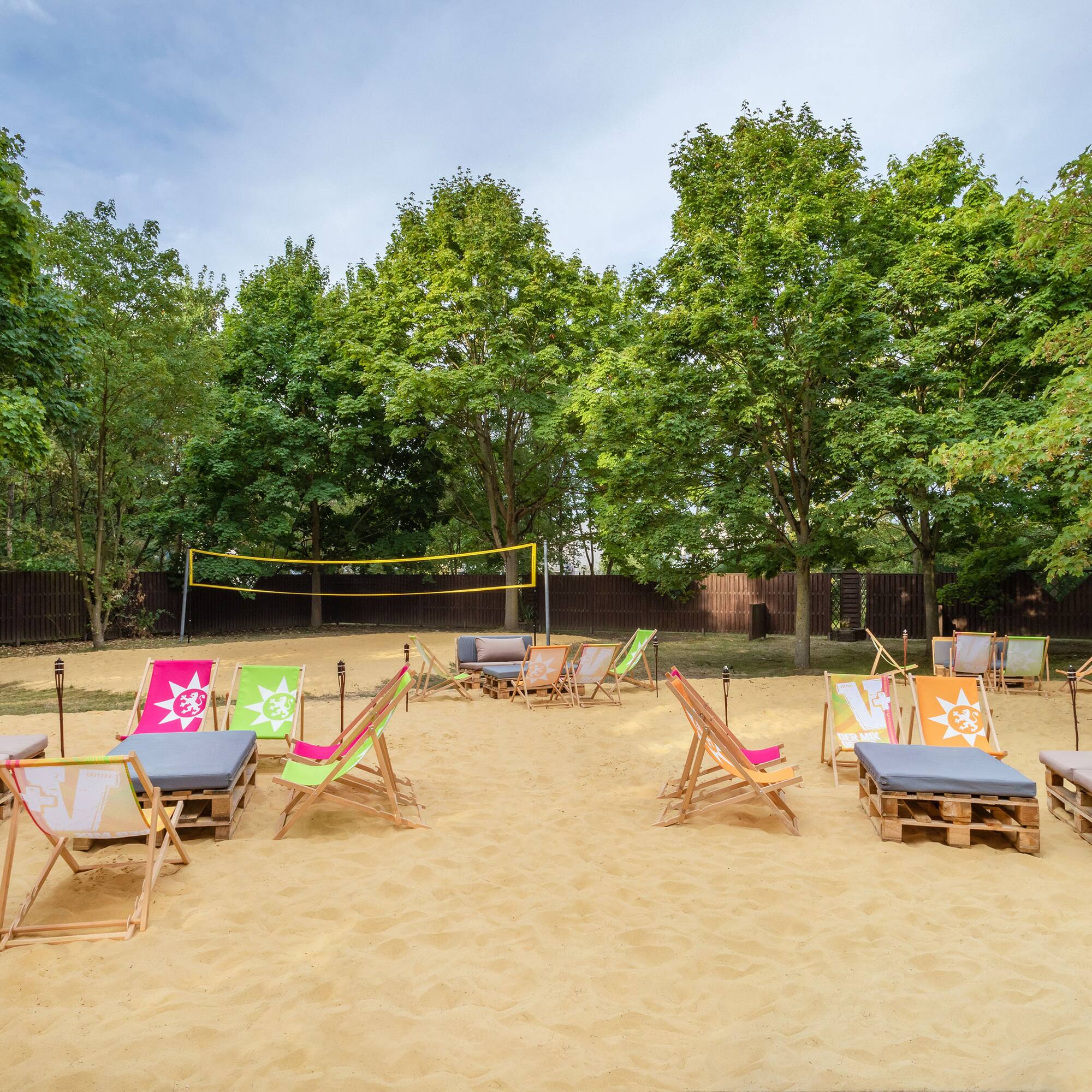 a group of chairs on a beach