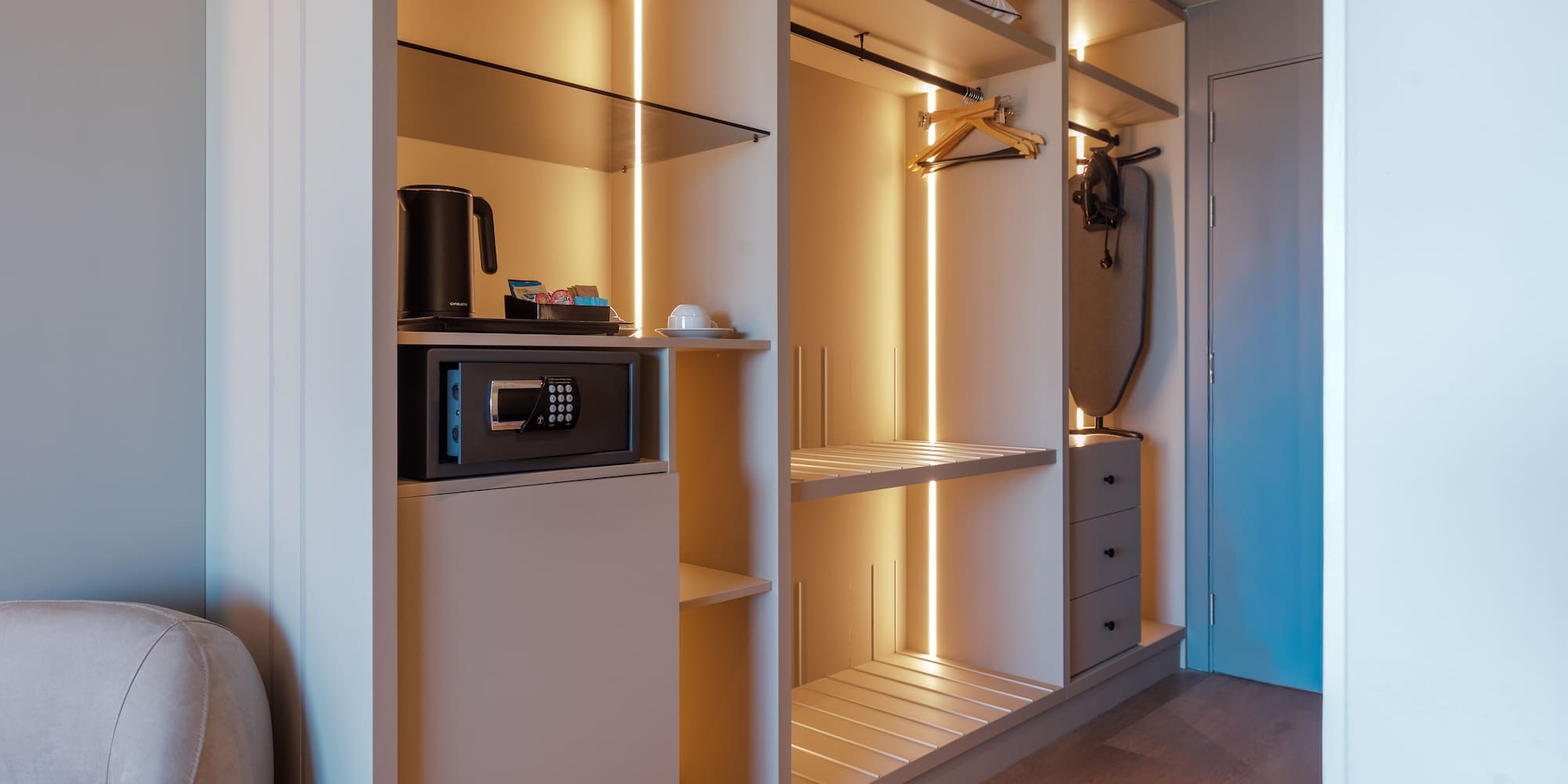 a room with a closet and a door