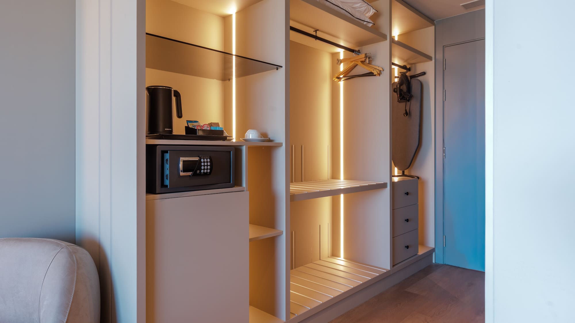 a room with a closet and a door