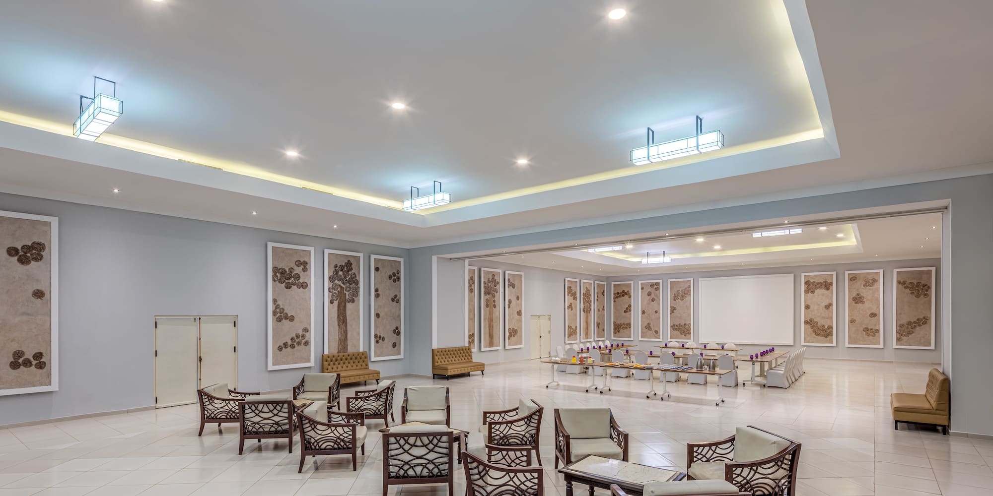 a room with chairs and tables