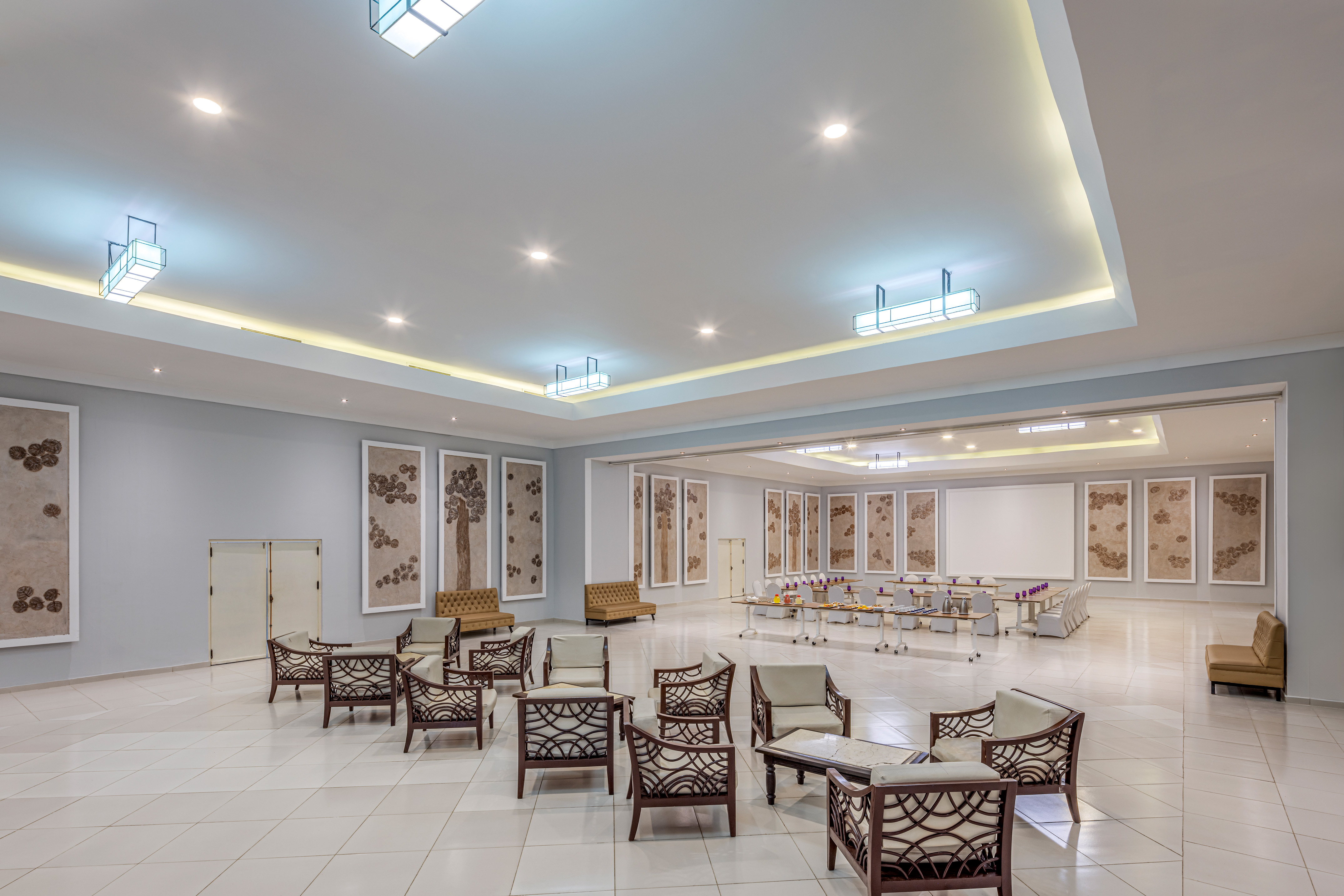 a room with chairs and tables