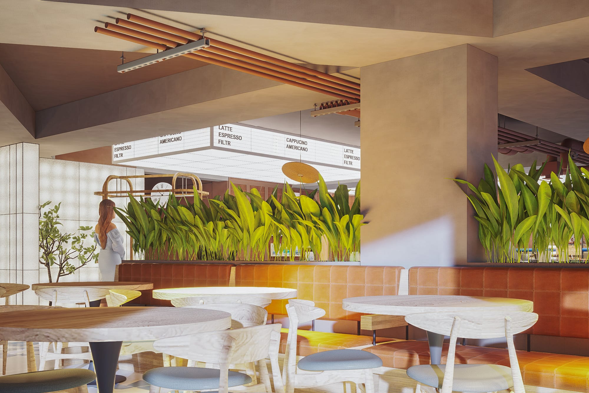 a room with tables and chairs