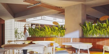 a room with tables and chairs