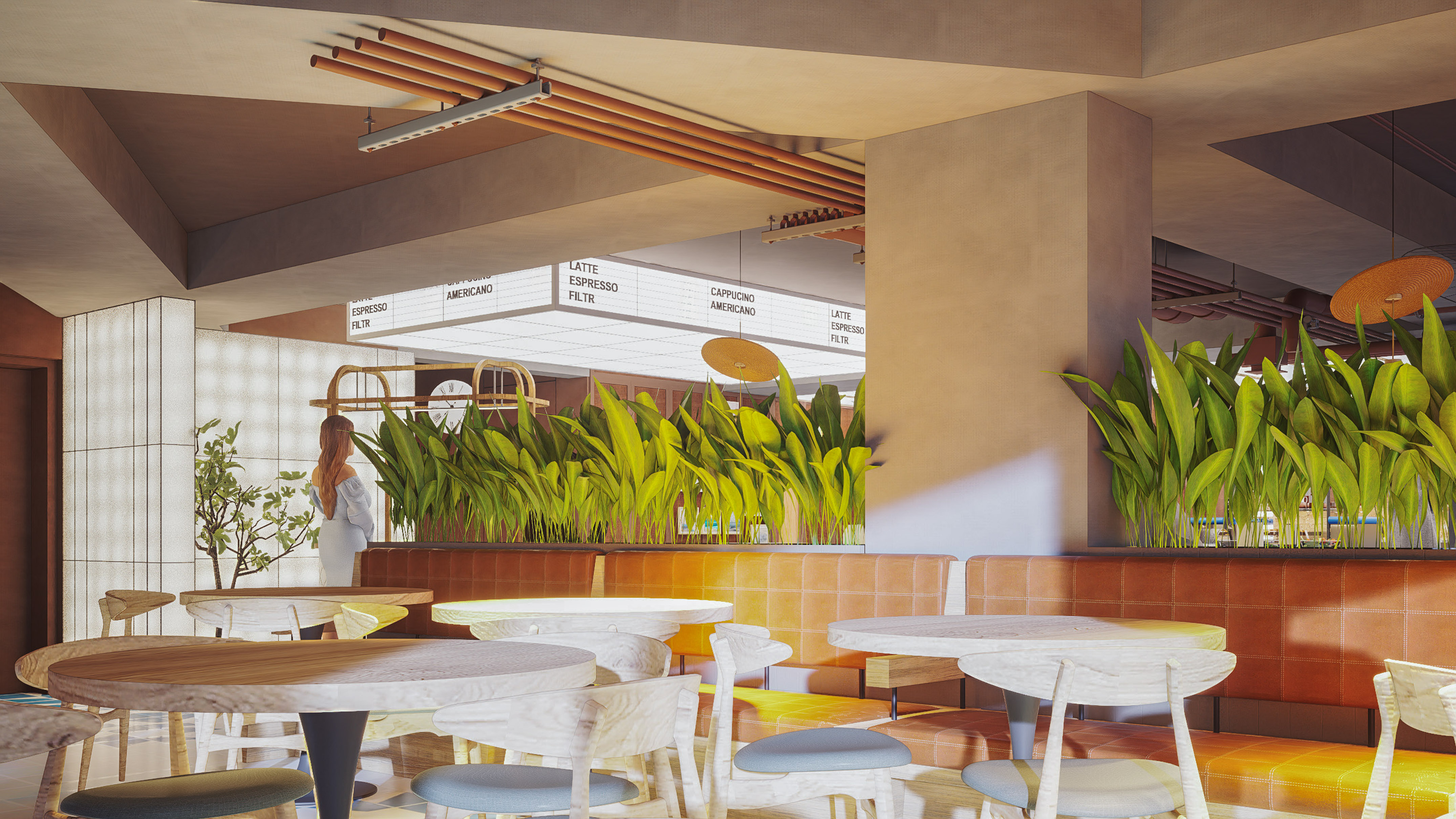 a room with tables and chairs