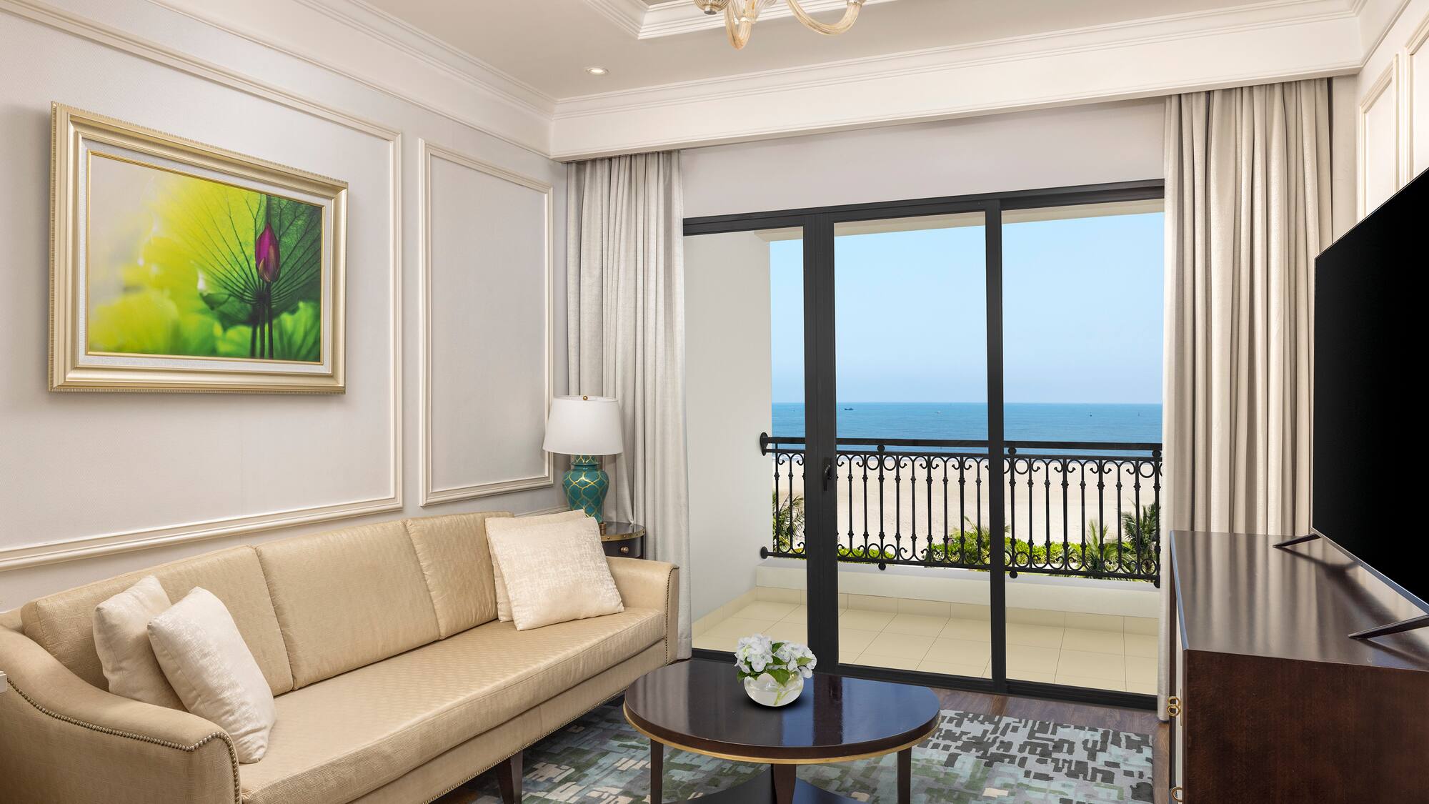 a living room with a couch and a table