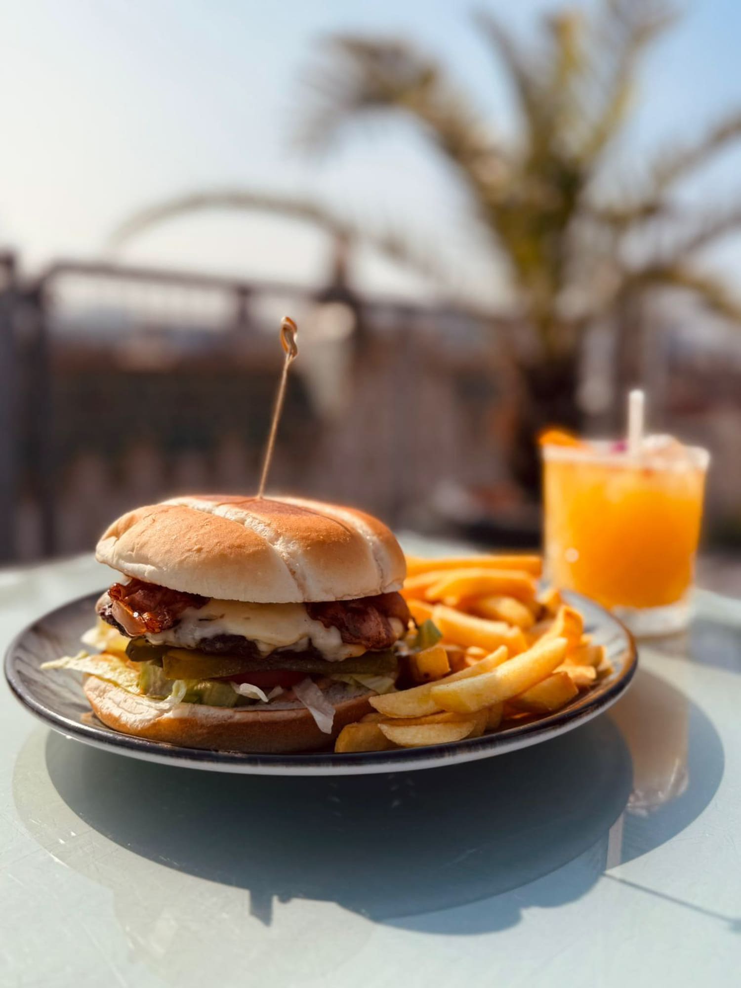 a plate of food and a drink